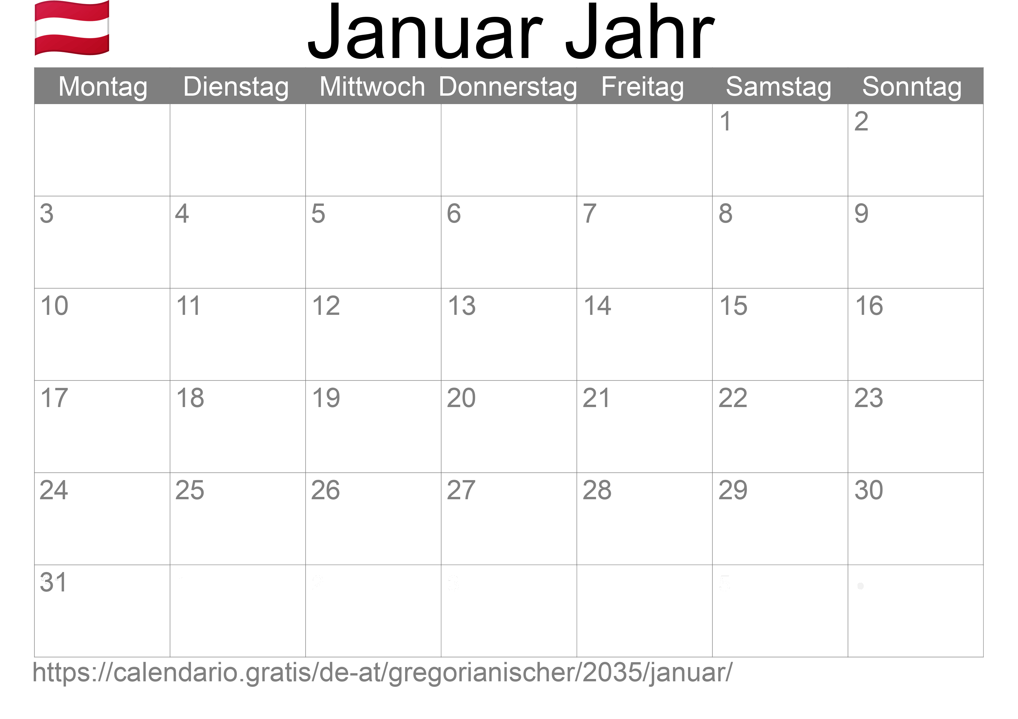 Kalender Januar 2035 zum Ausdrucken