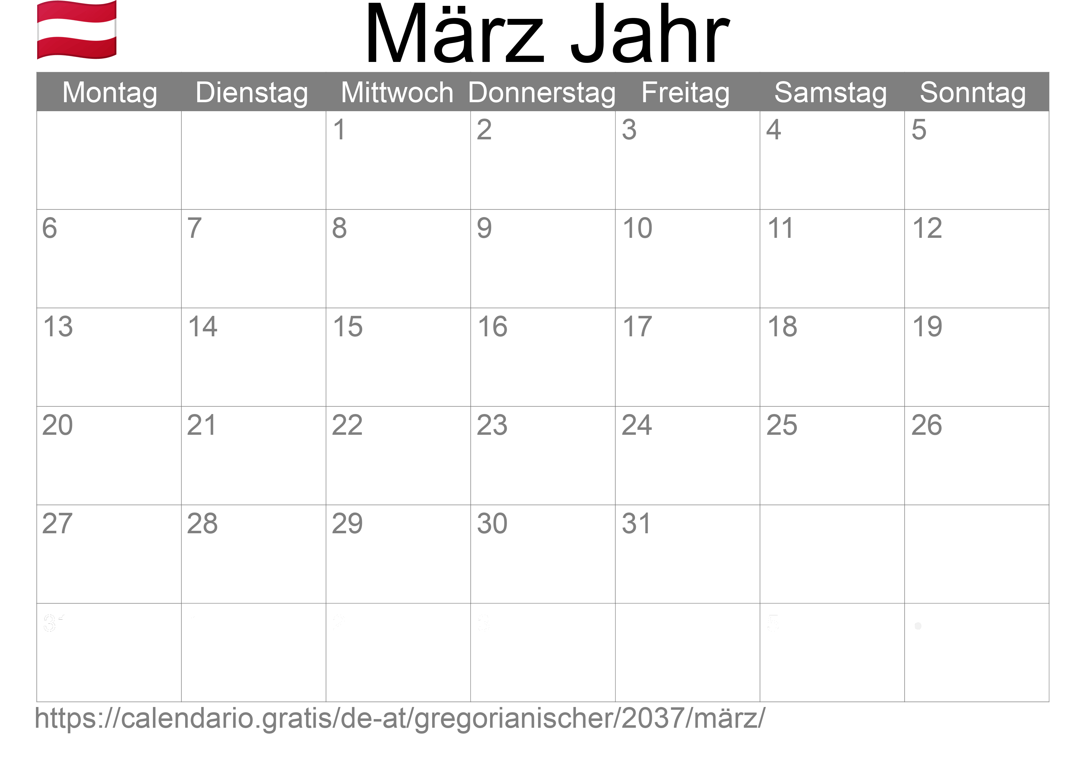 Kalender März 2037 zum Ausdrucken