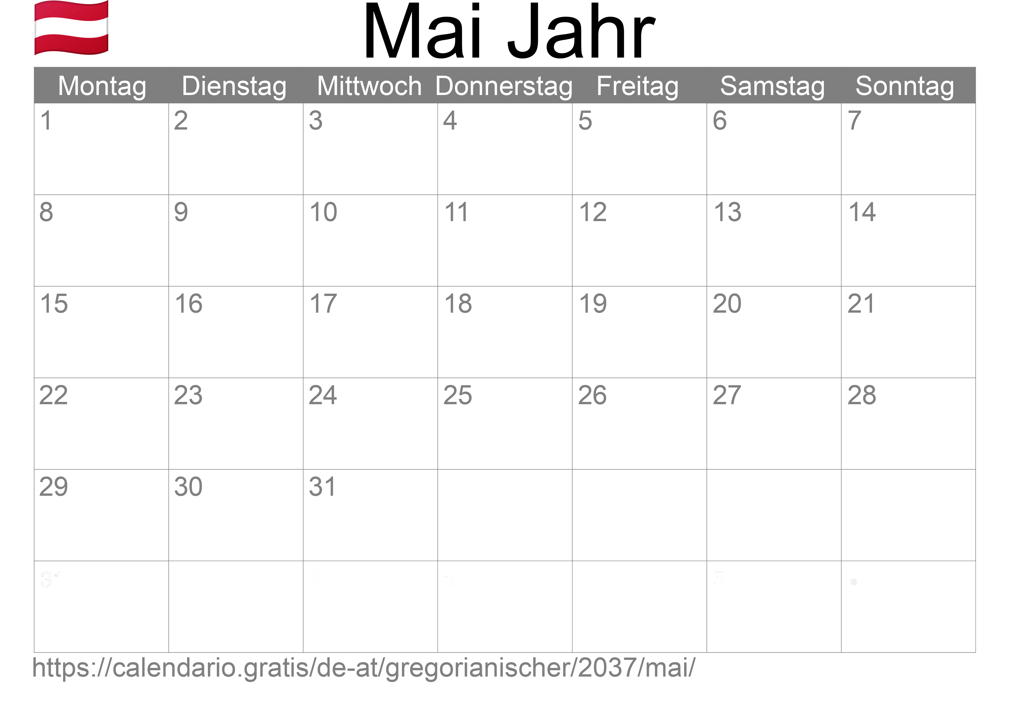 Kalender Mai 2037 zum Ausdrucken