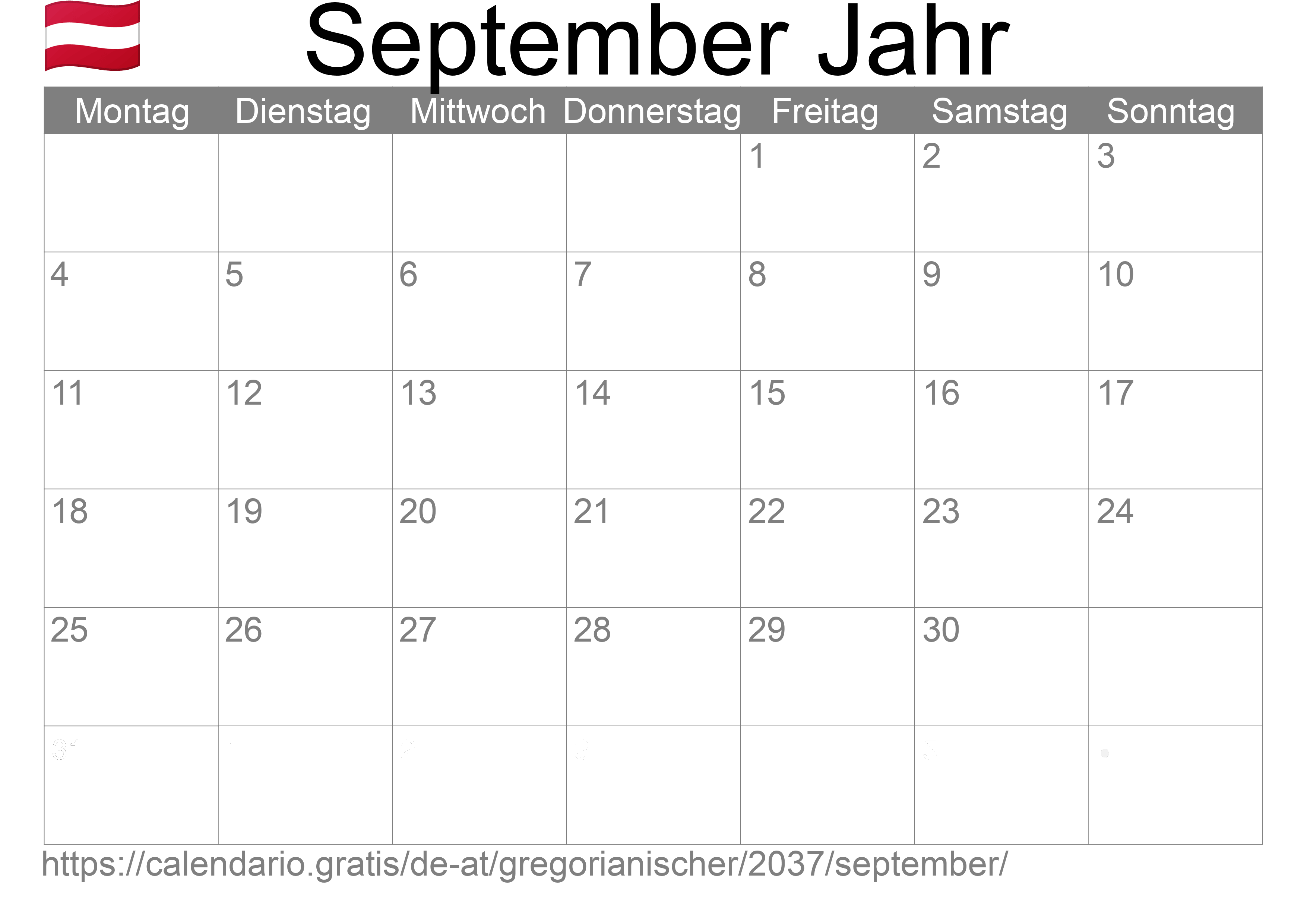 Kalender September 2037 zum Ausdrucken