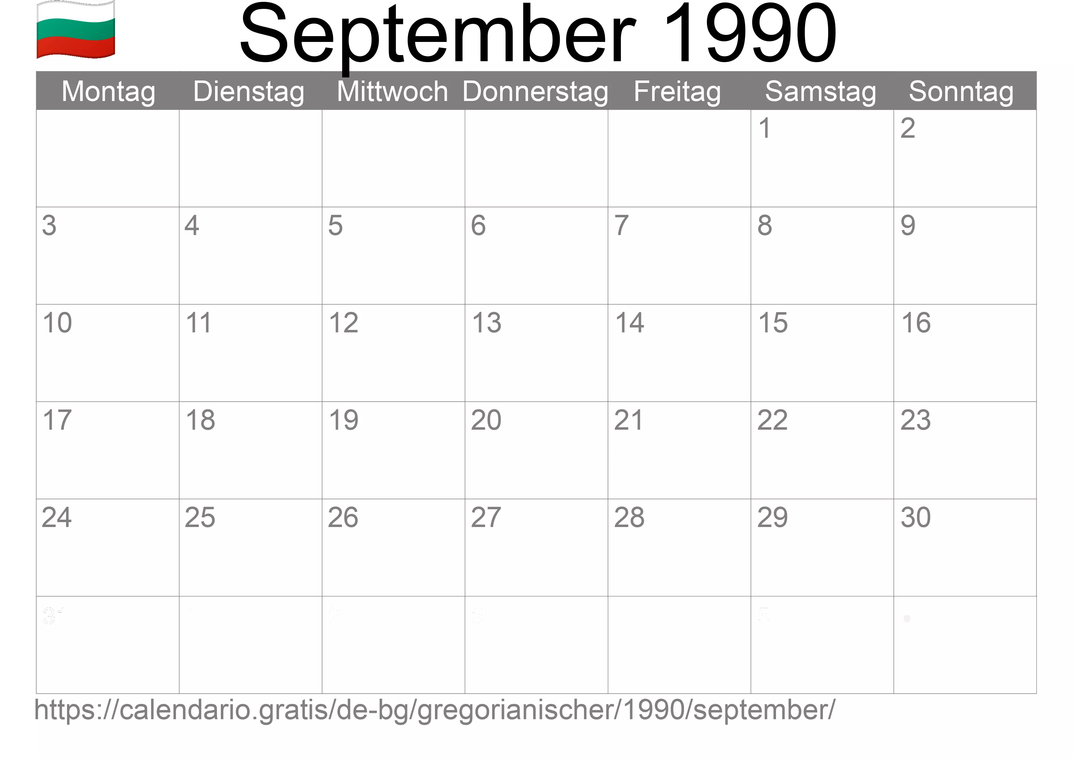 Kalender September 1990 zum Ausdrucken (Bulgarien)