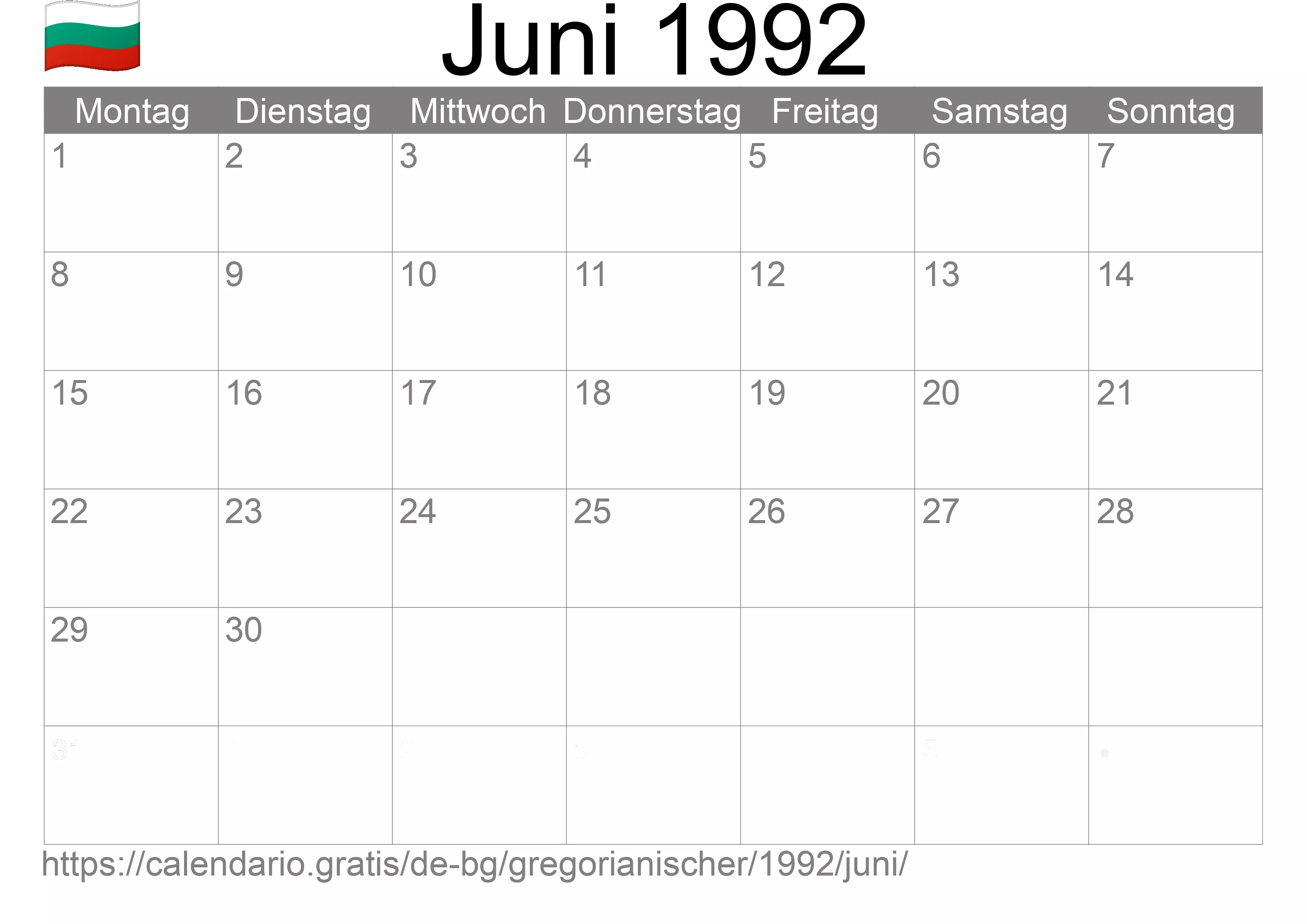 Kalender Juni 1992 zum Ausdrucken (Bulgarien)
