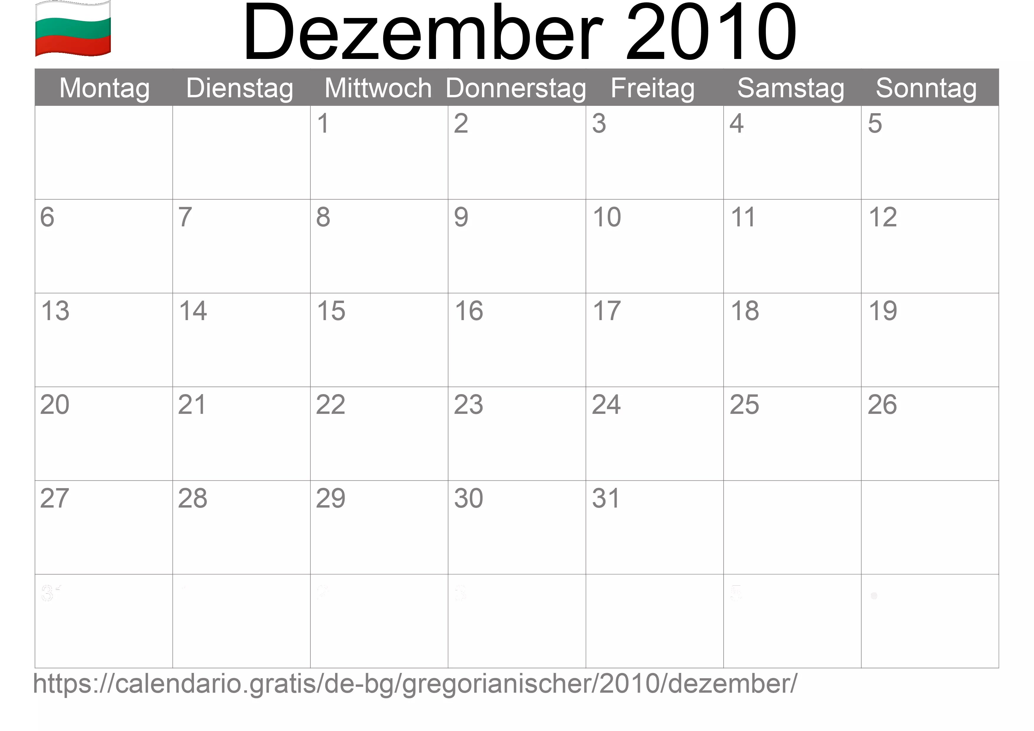 Kalender Dezember 2010 zum Ausdrucken (Bulgarien)