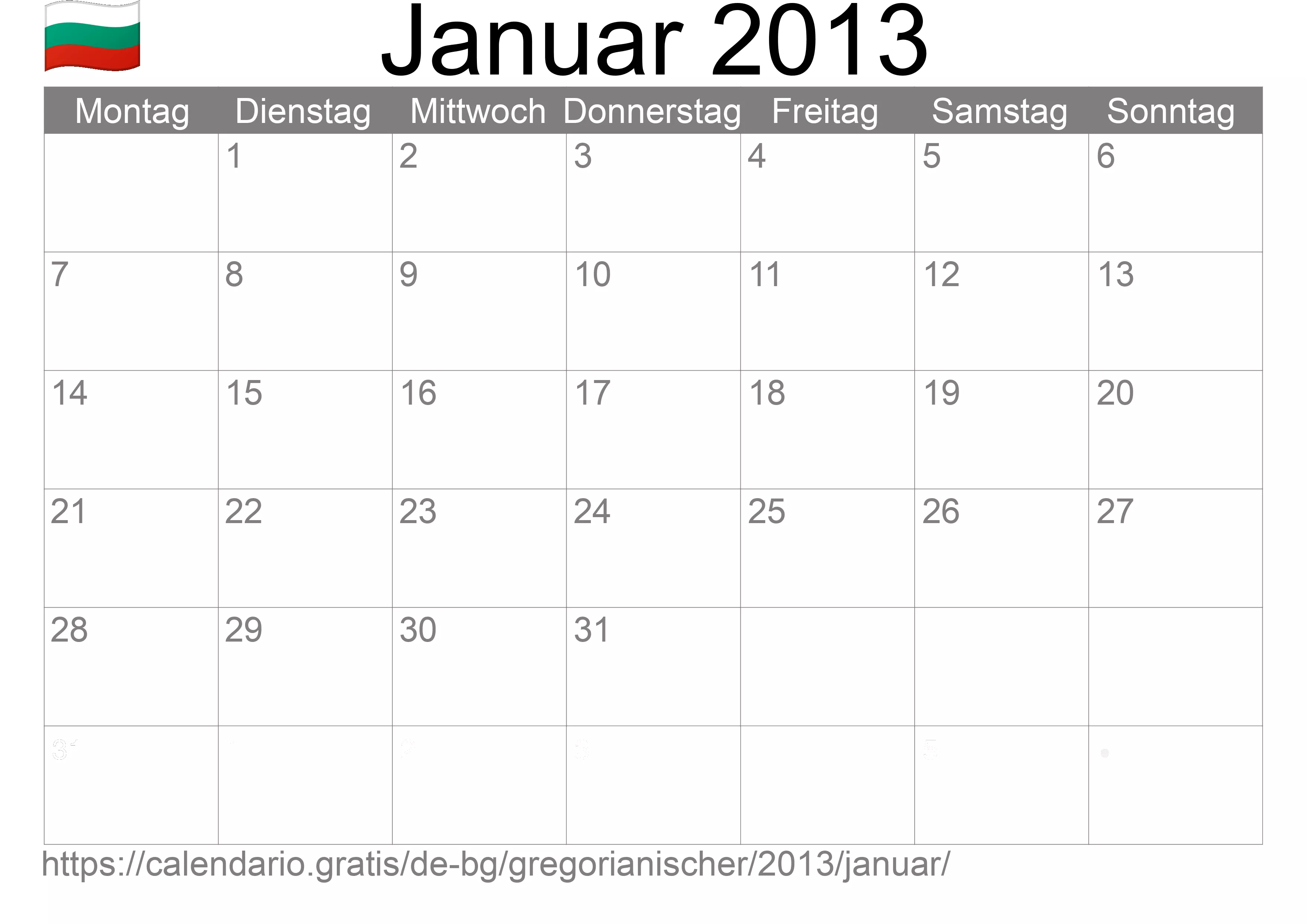 Kalender Januar 2013 zum Ausdrucken (Bulgarien)