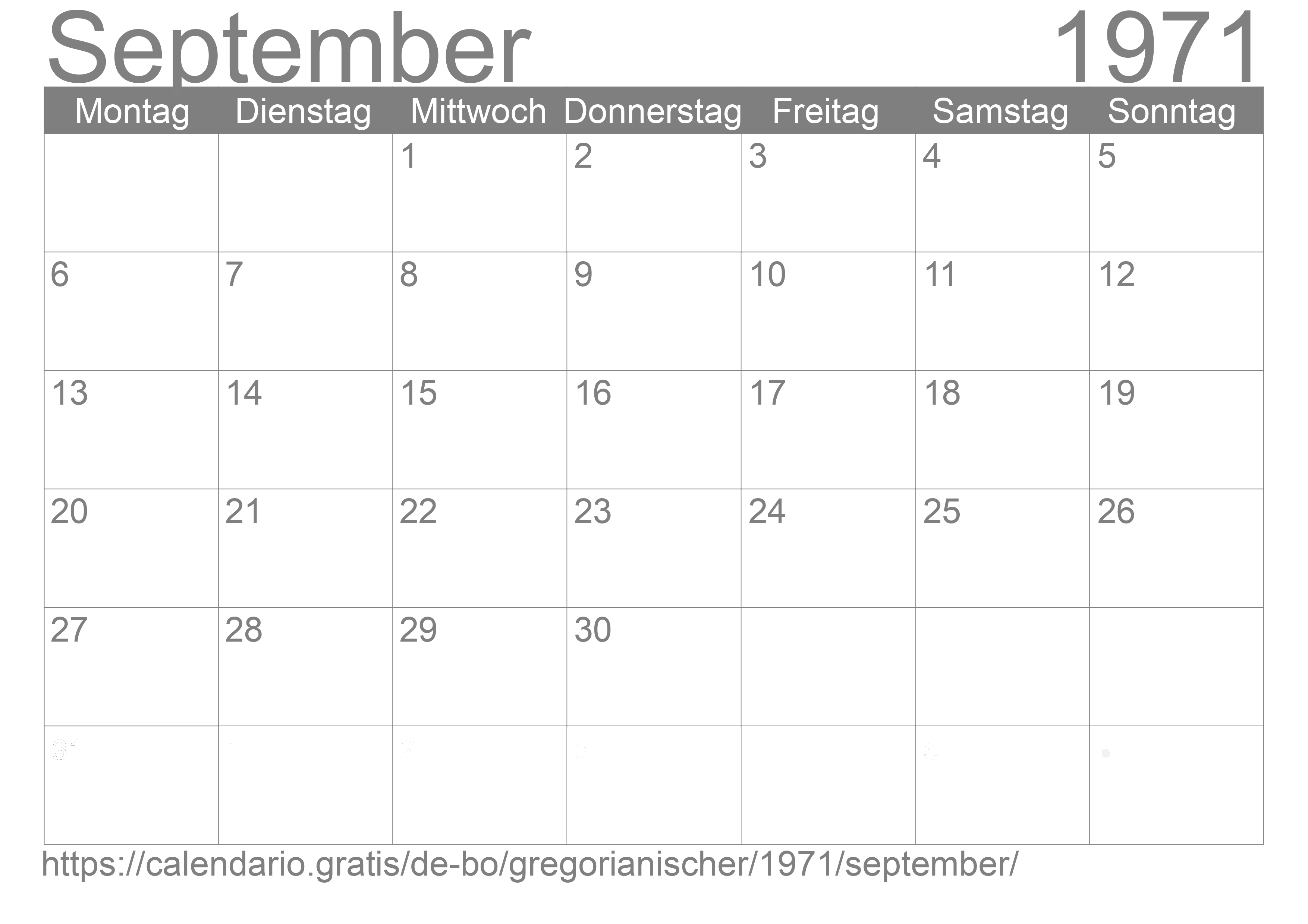 Kalender September 1971 zum Ausdrucken