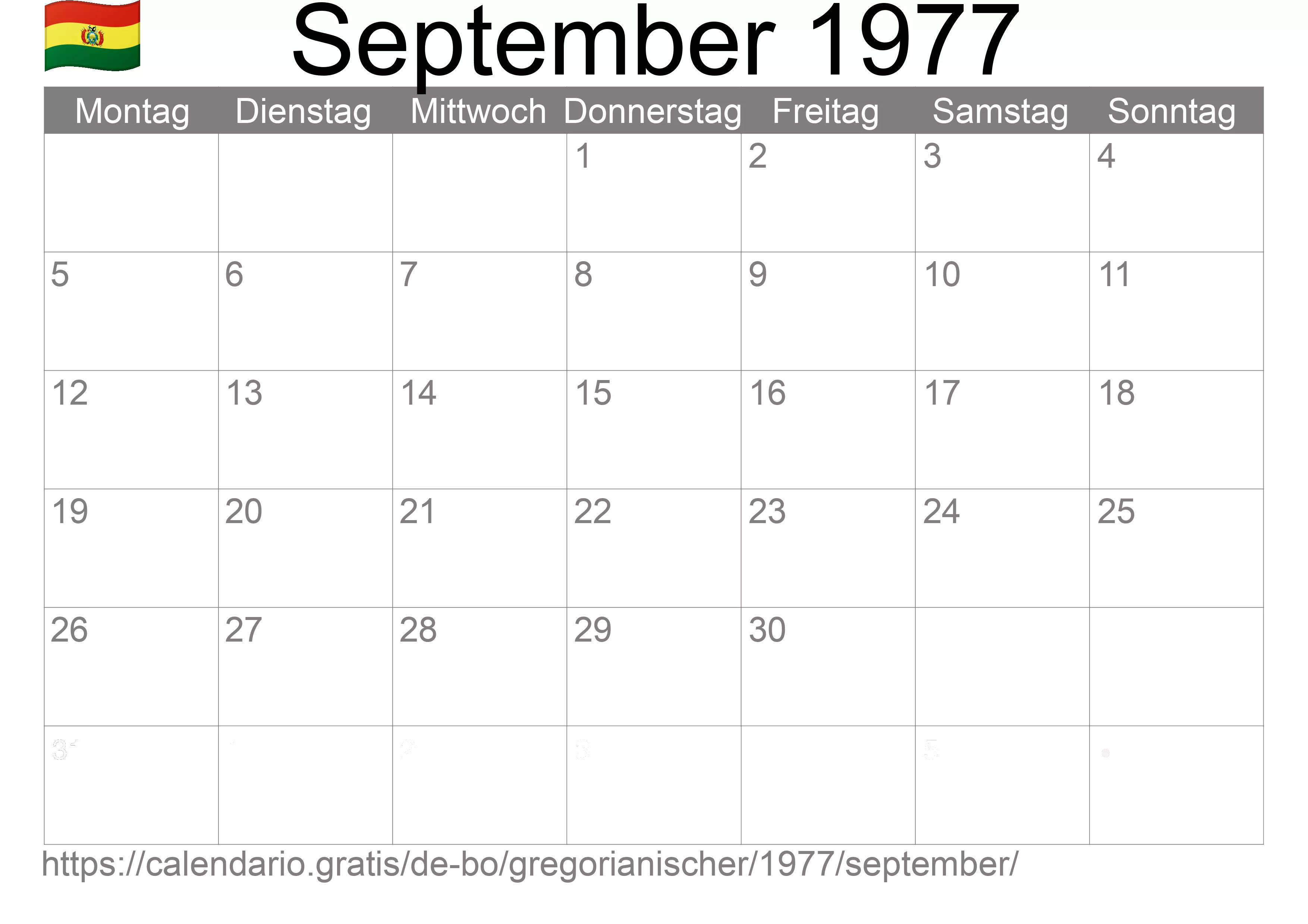 Kalender September 1977 zum Ausdrucken (Bolivien)