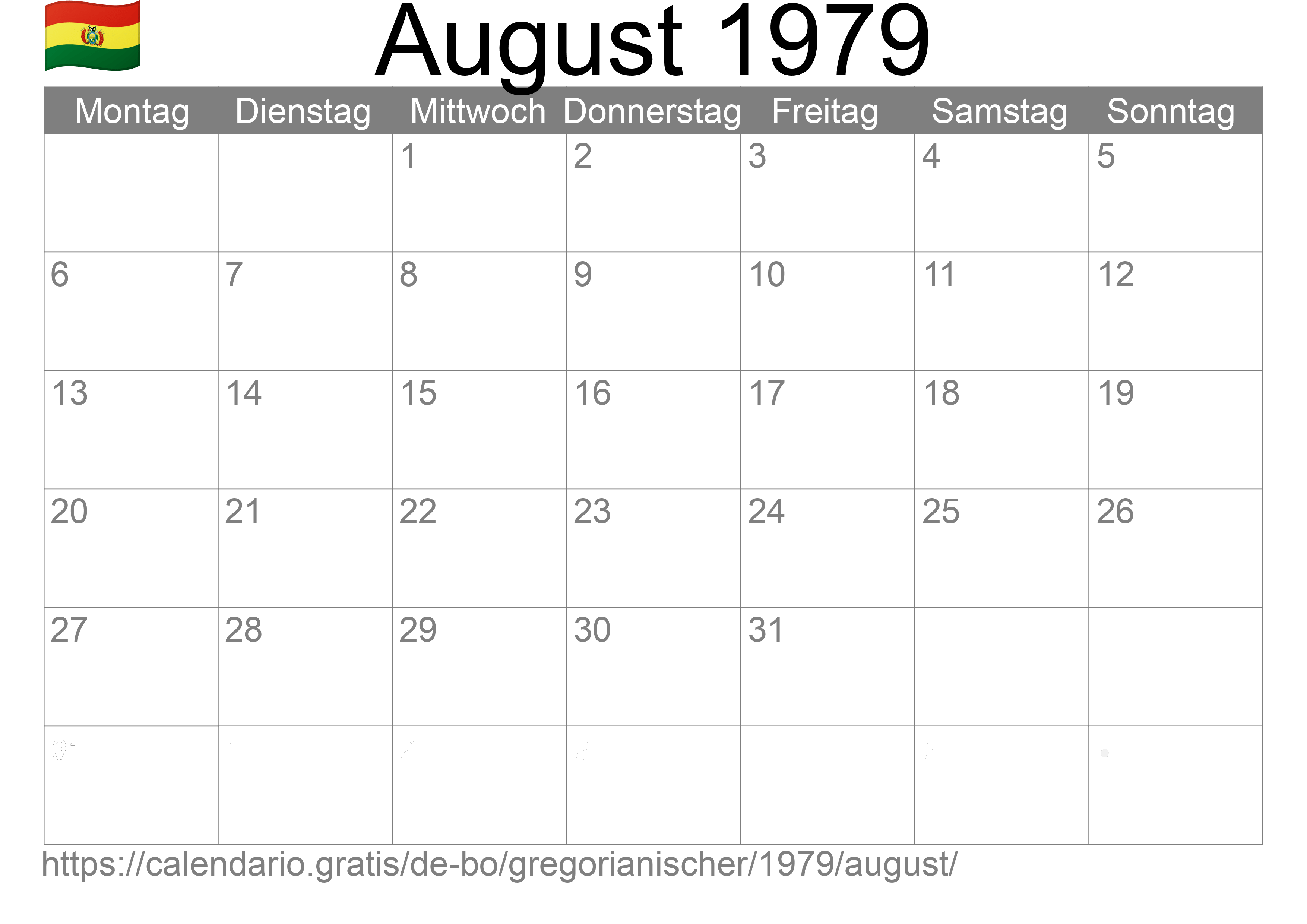 Kalender August 1979 zum Ausdrucken