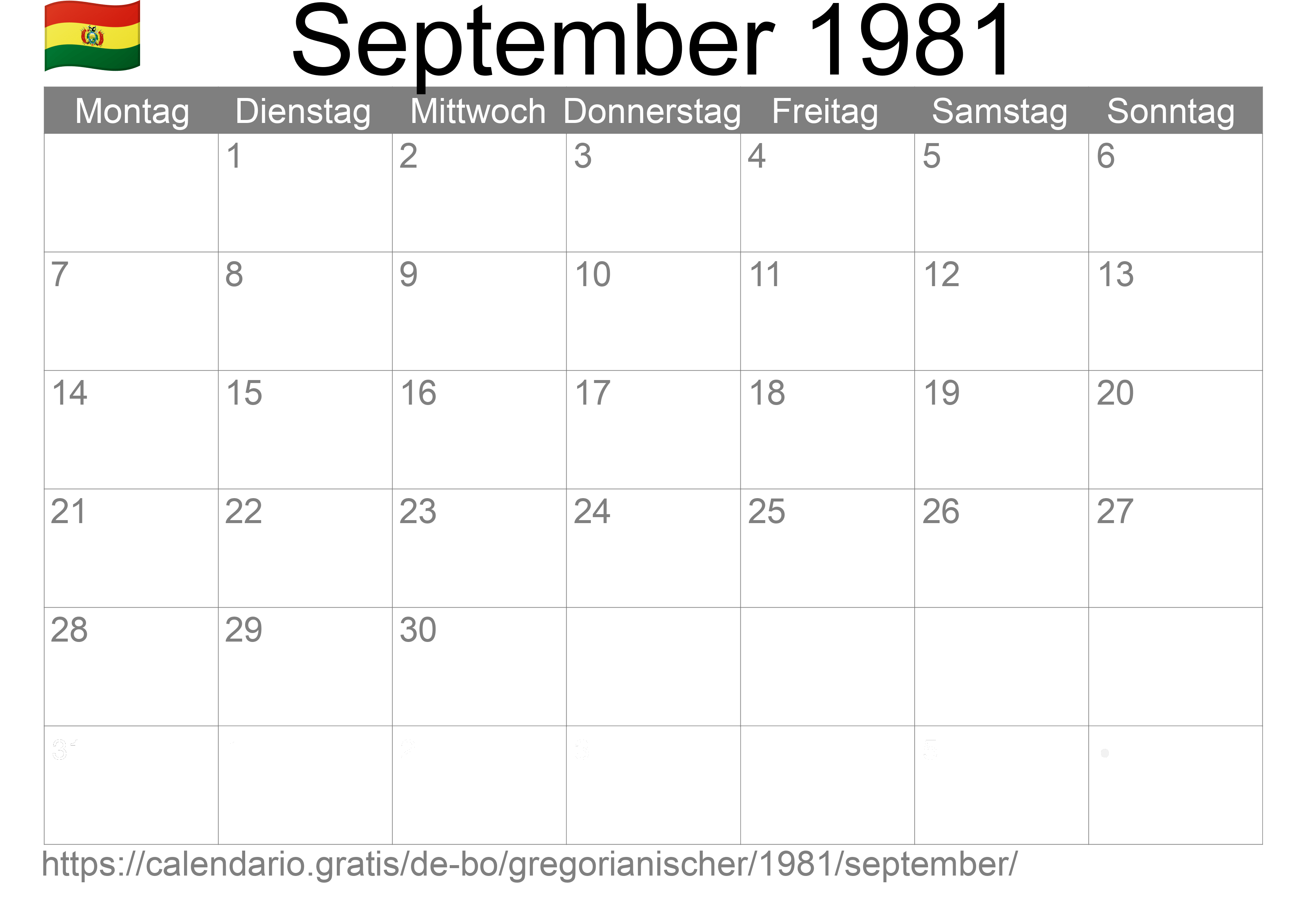 Kalender September 1981 zum Ausdrucken