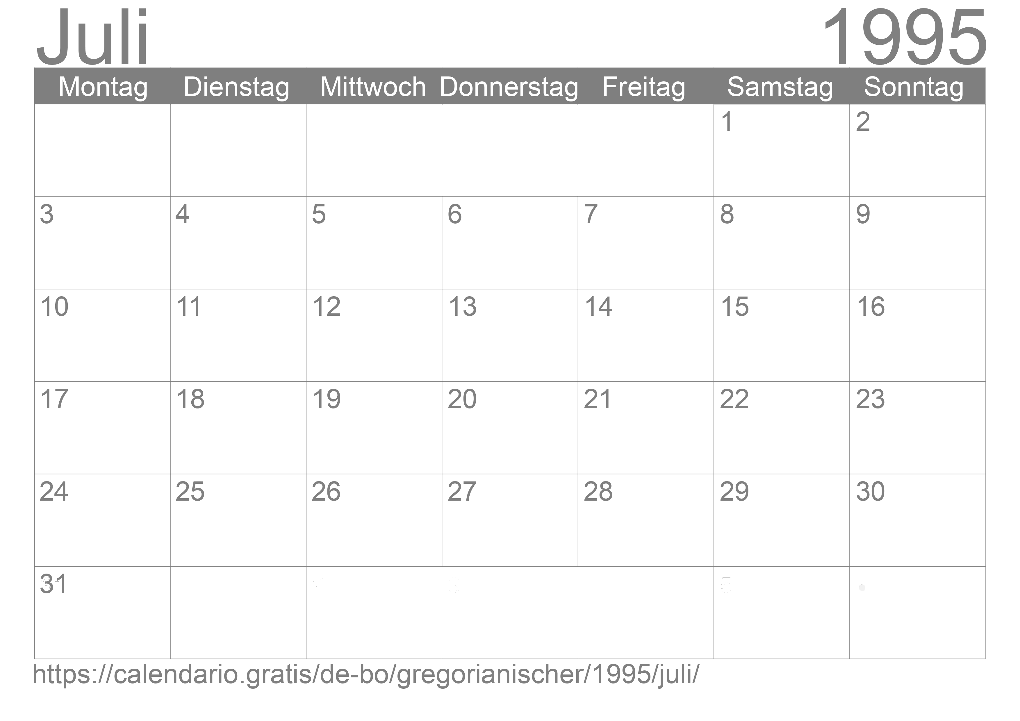 Kalender Juli 1995 zum Ausdrucken