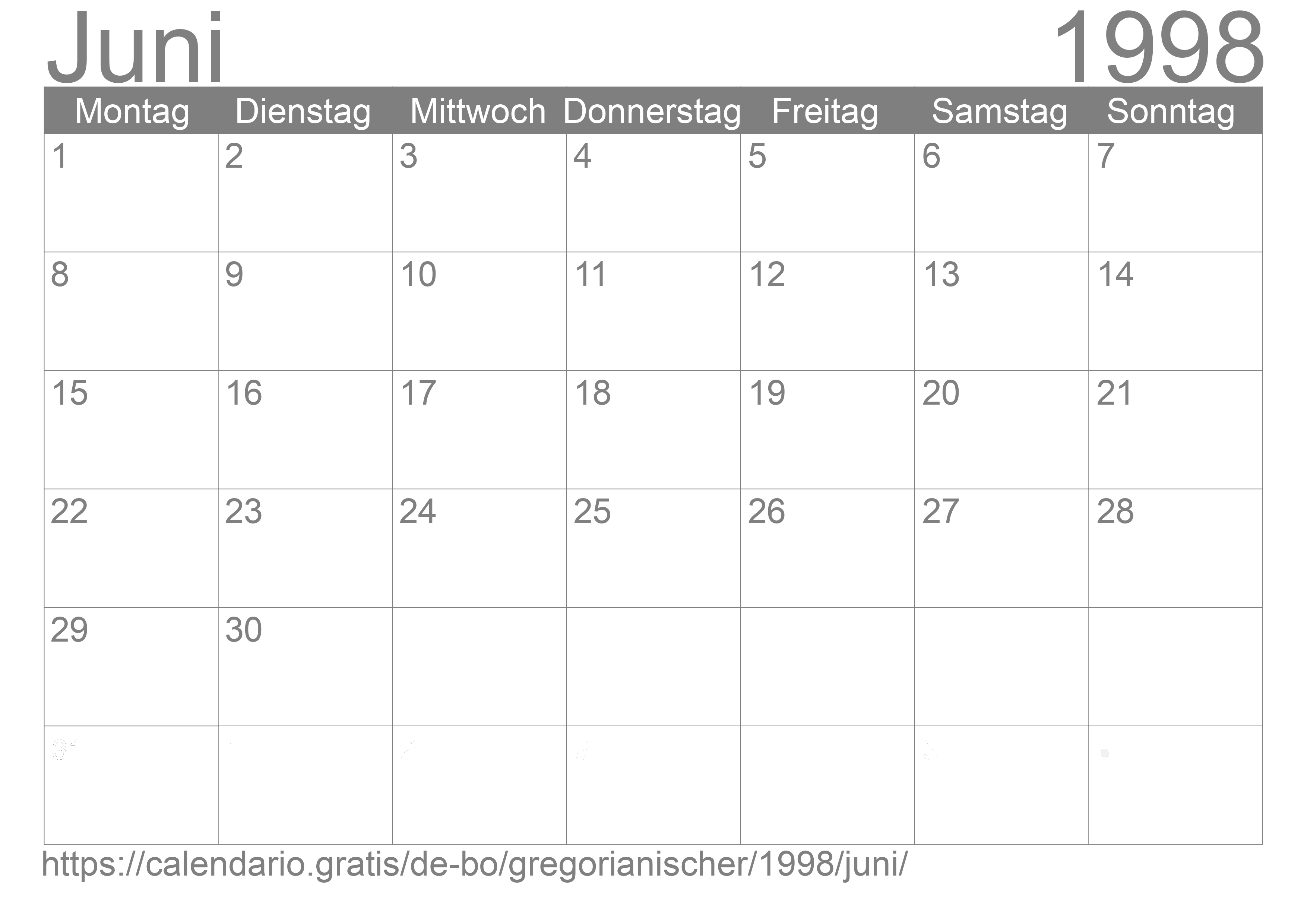 Kalender Juni 1998 zum Ausdrucken