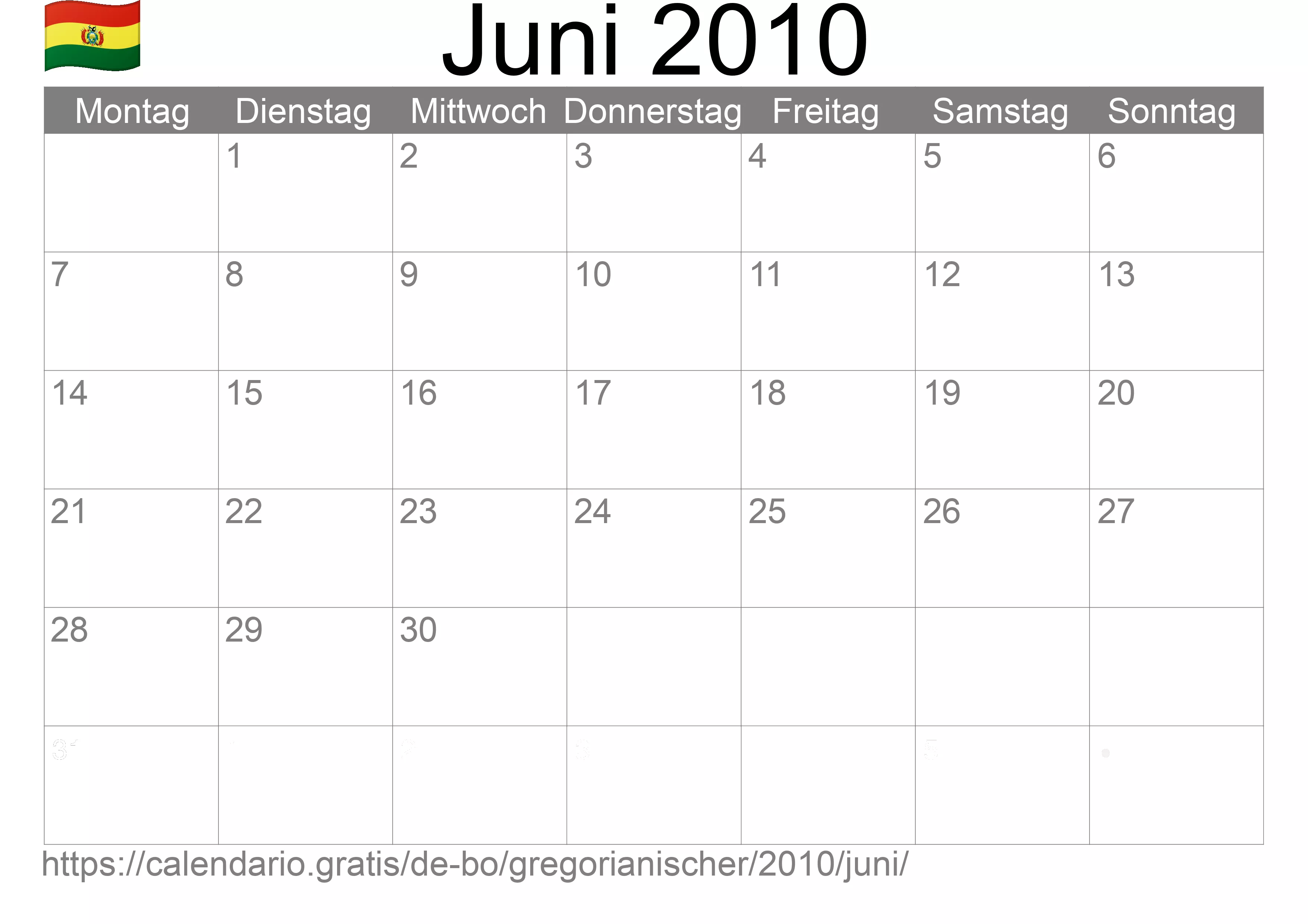 Kalender Juni 2010 zum Ausdrucken (Bolivien)