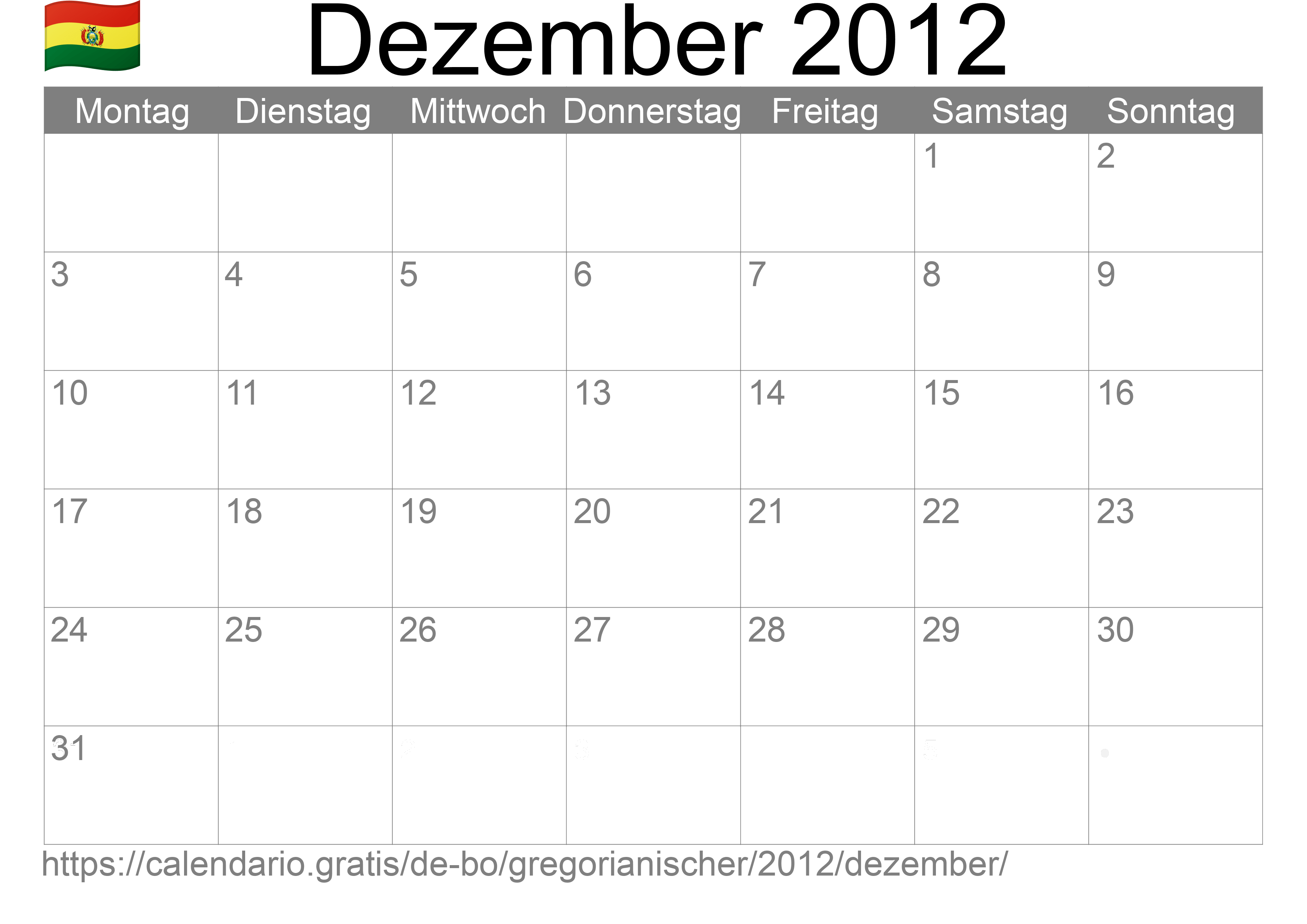 Kalender Dezember 2012 zum Ausdrucken