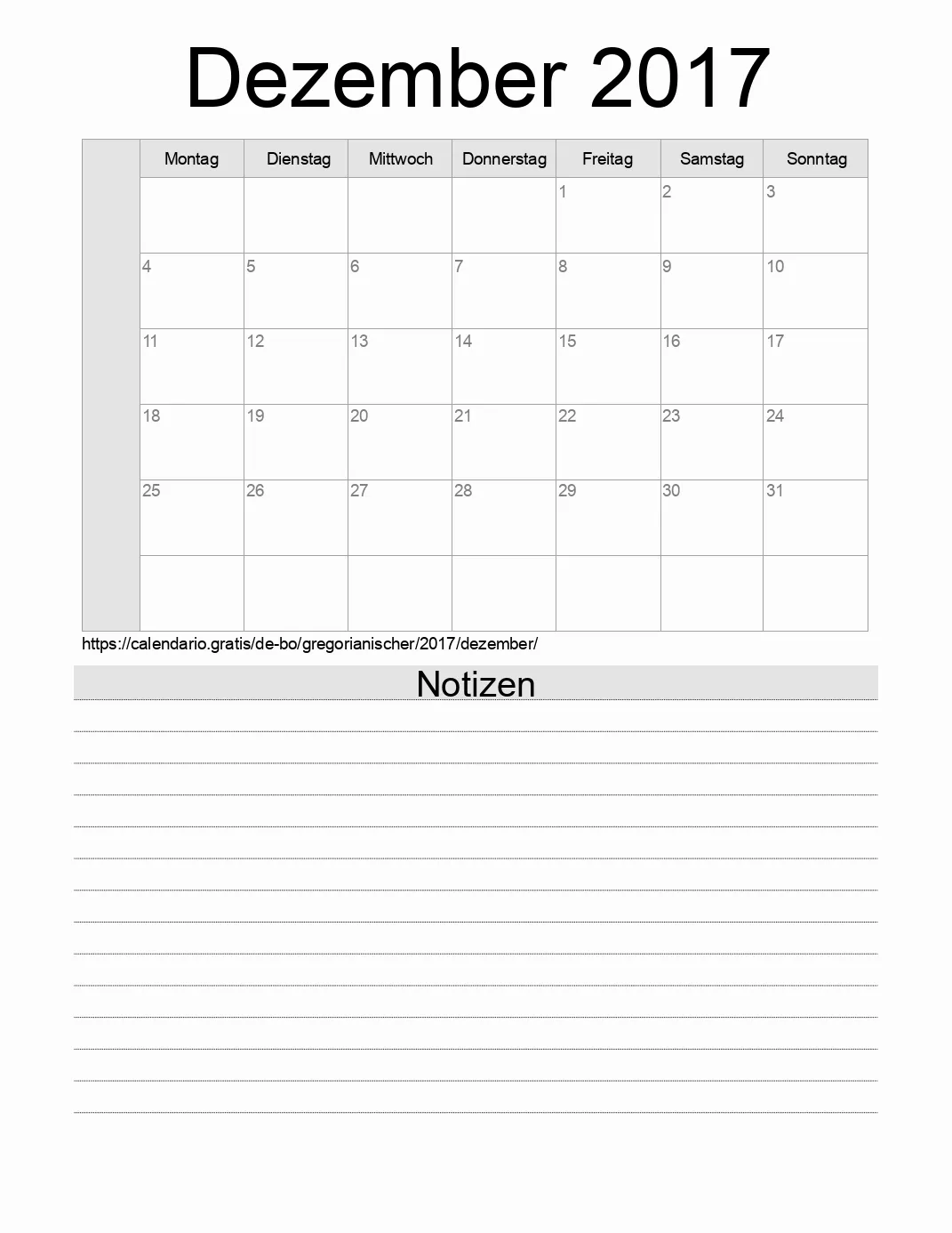 Kalender für Dezember 2017 zum Drucken mit Notizen. (Bolivien)