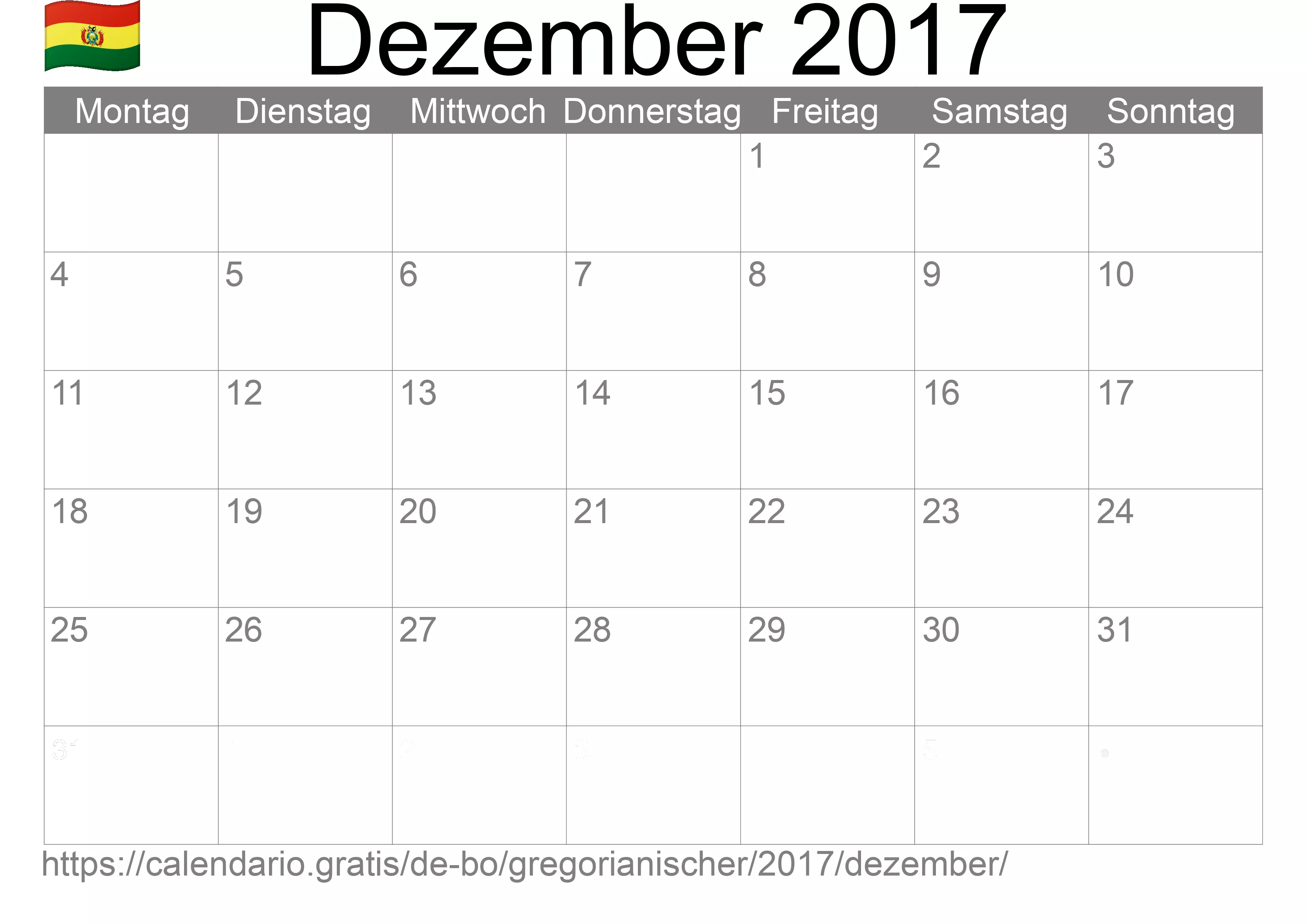 Kalender Dezember 2017 zum Ausdrucken (Bolivien)