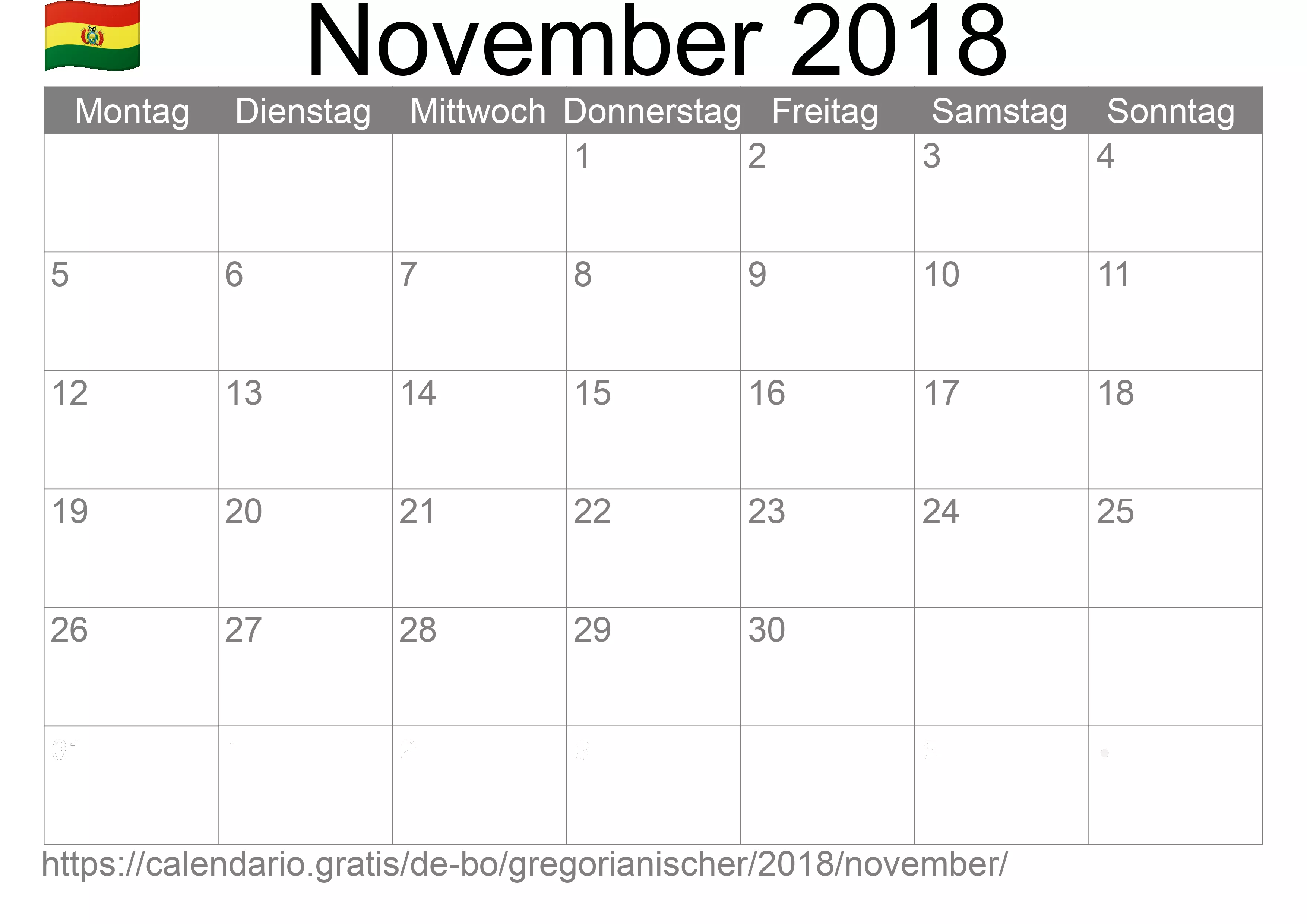 Kalender November 2018 zum Ausdrucken (Bolivien)