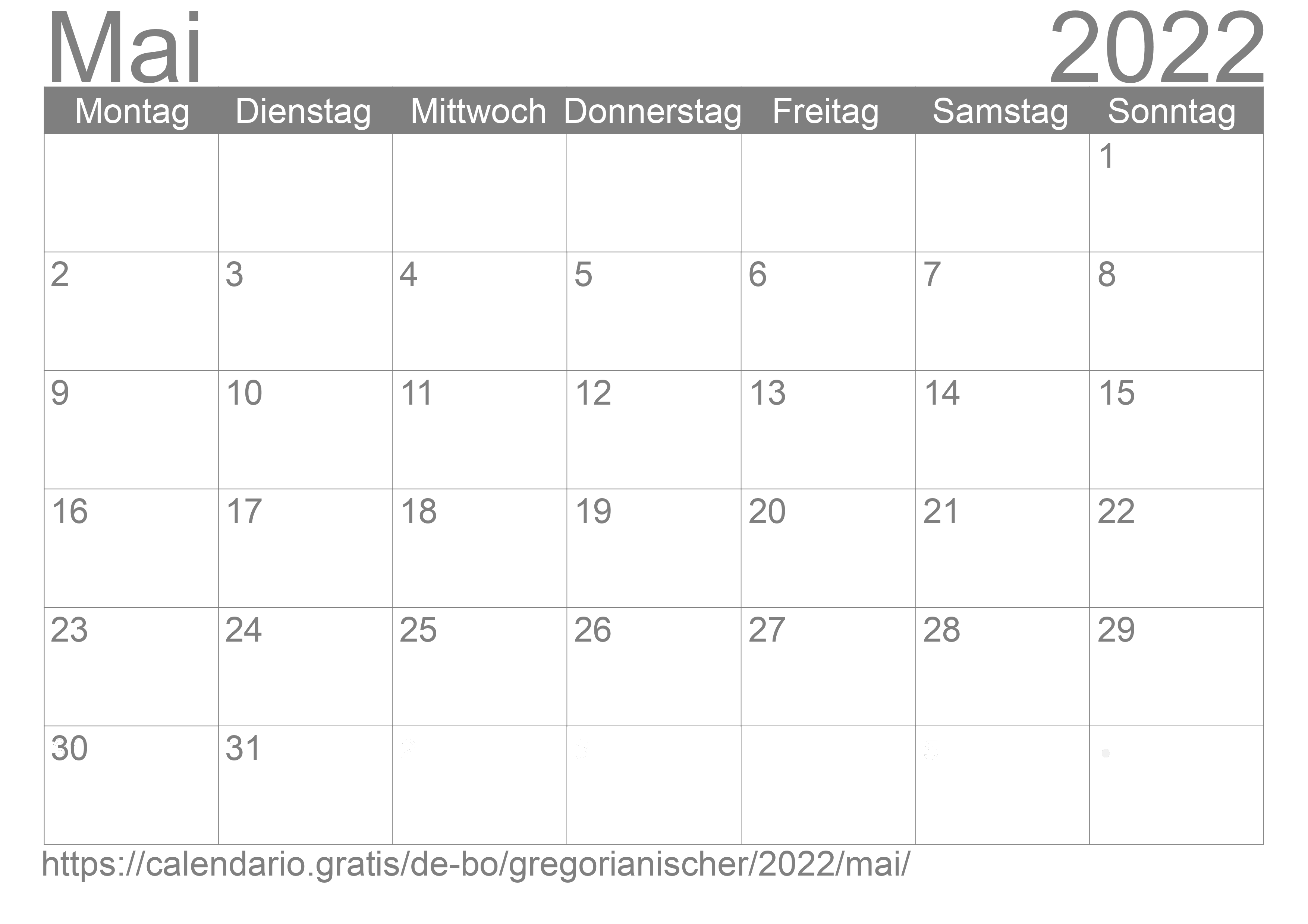 Kalender Mai 2022 zum Ausdrucken
