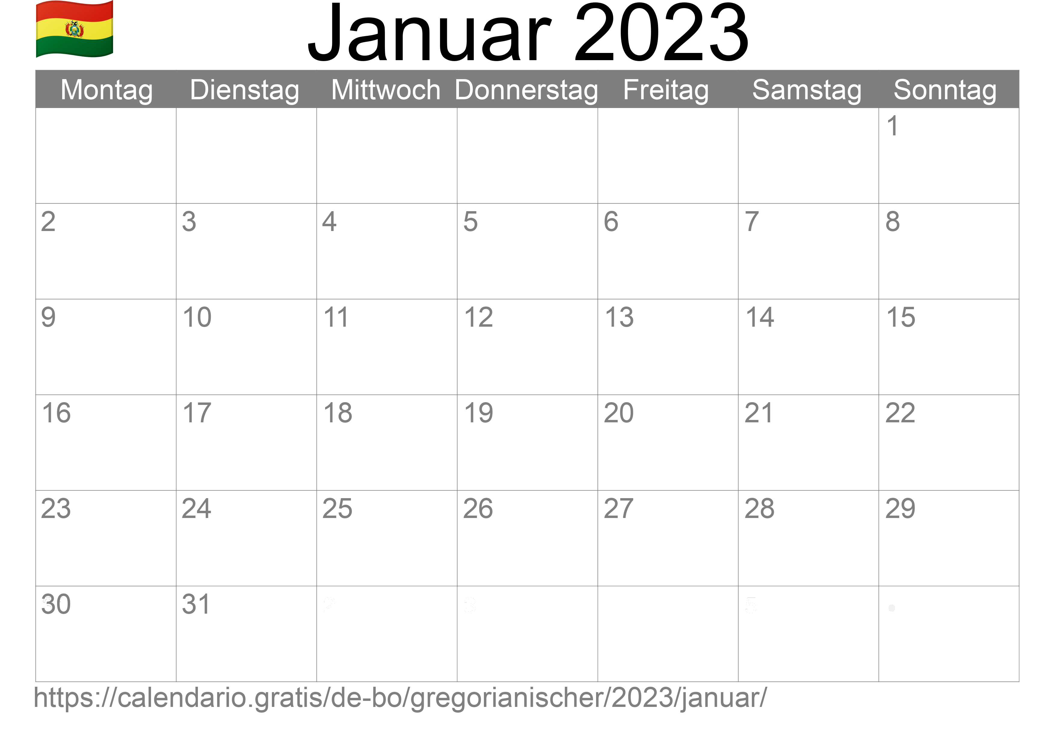 Kalender Januar 2023 zum Ausdrucken