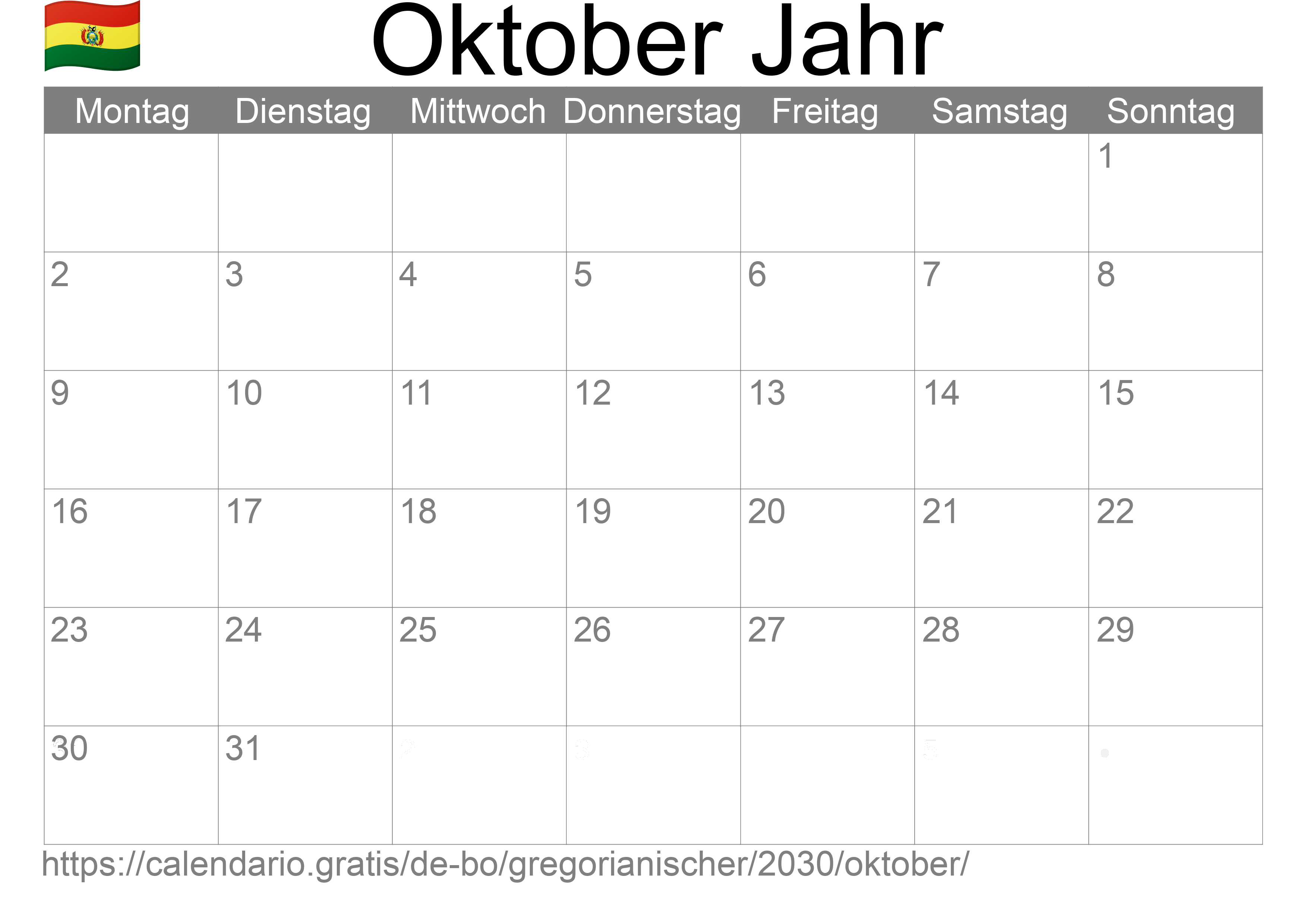 Kalender Oktober 2030 zum Ausdrucken