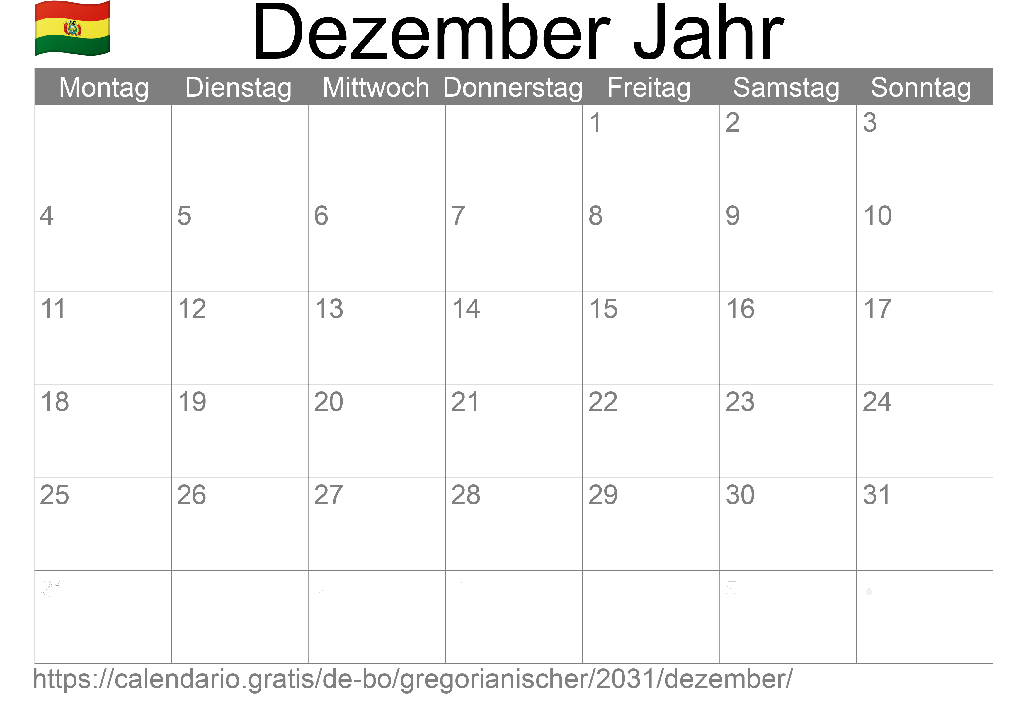 Kalender Dezember 2031 zum Ausdrucken