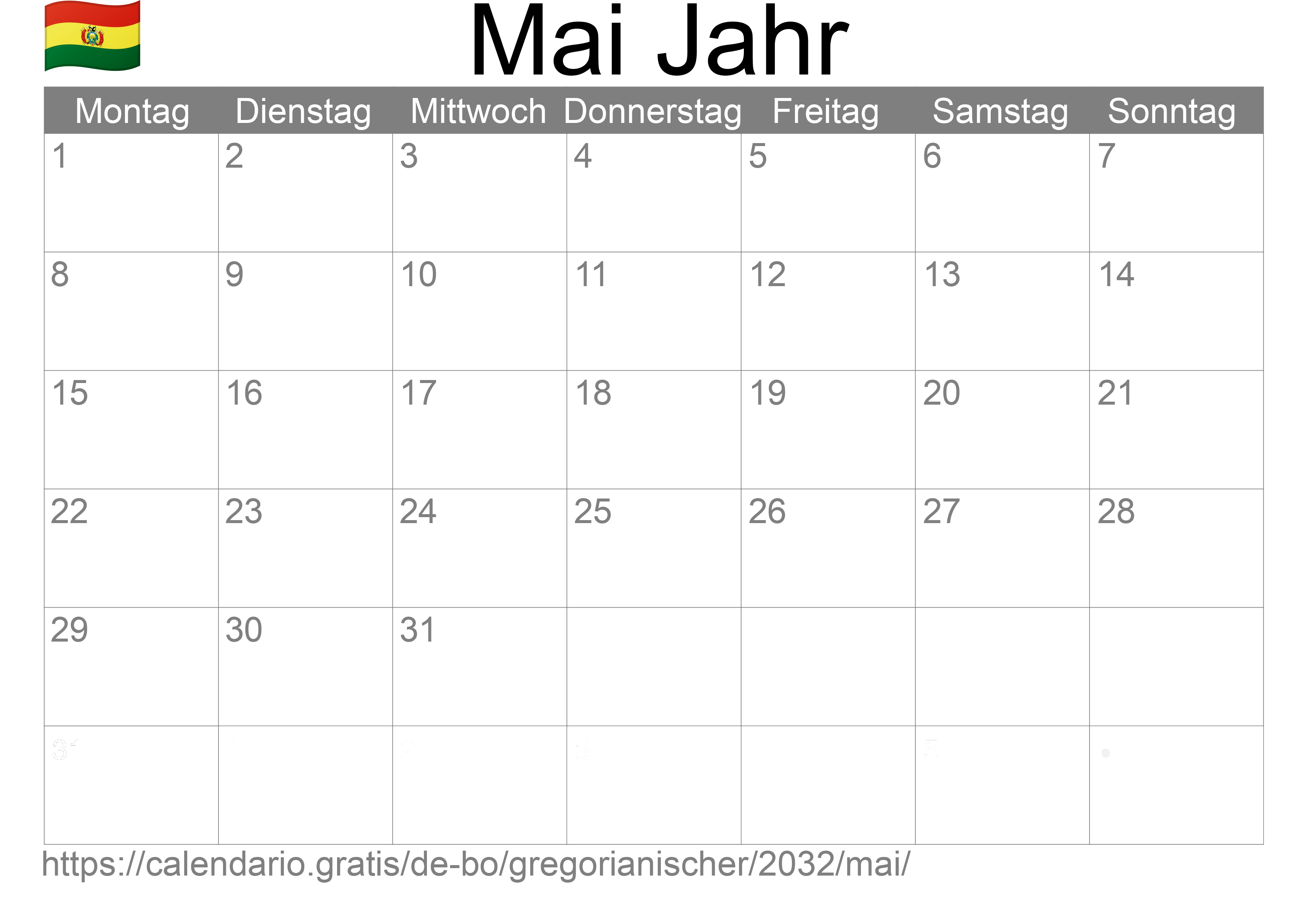 Kalender Mai 2032 zum Ausdrucken