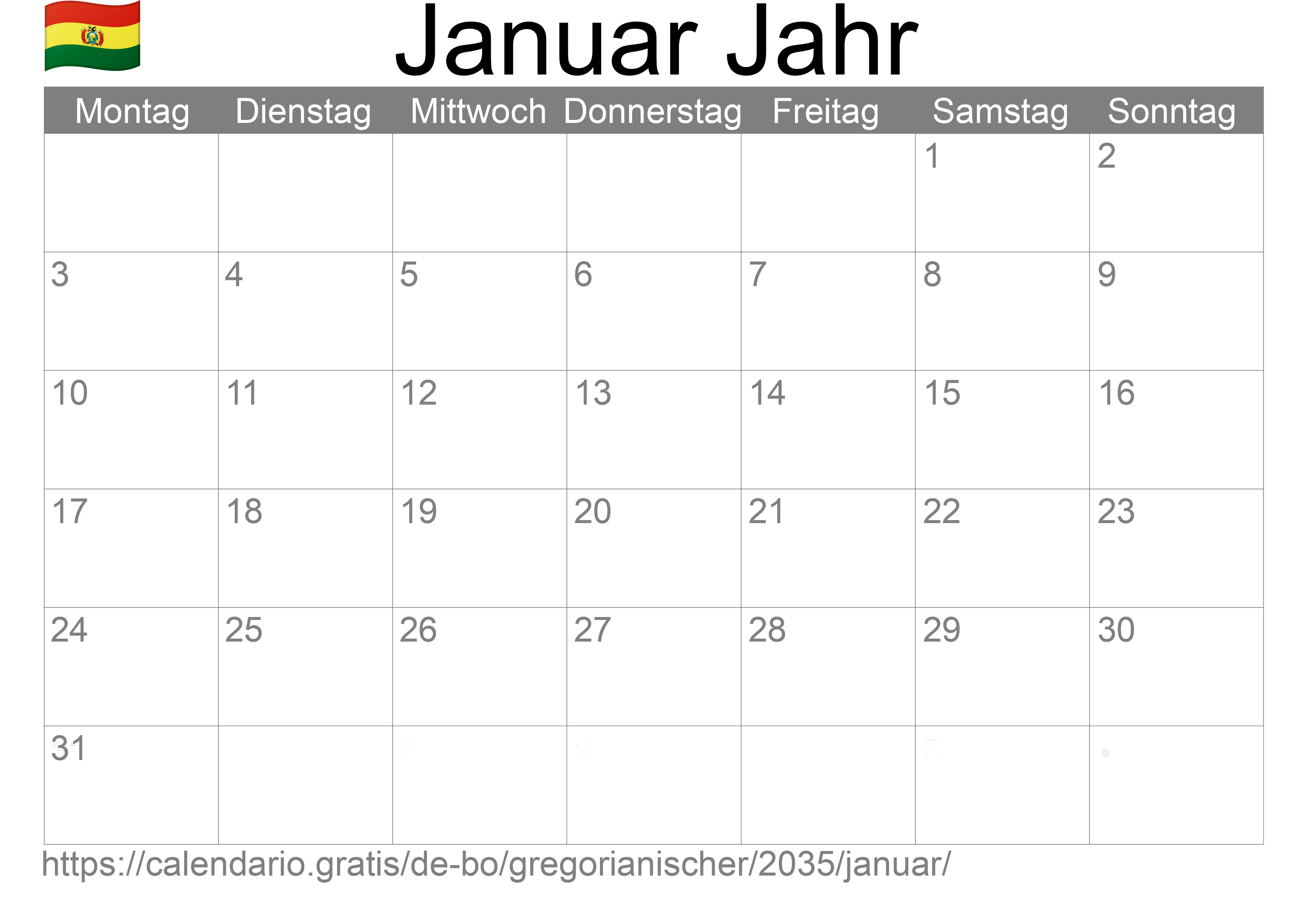 Kalender Januar 2035 zum Ausdrucken