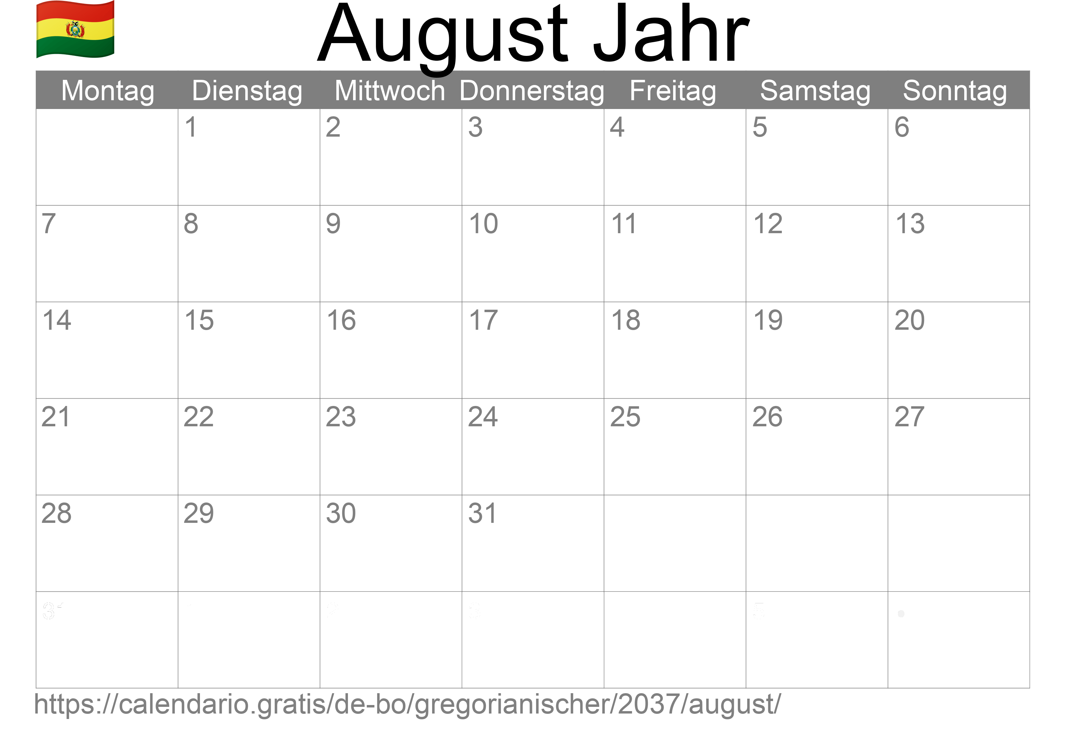 Kalender August 2037 zum Ausdrucken