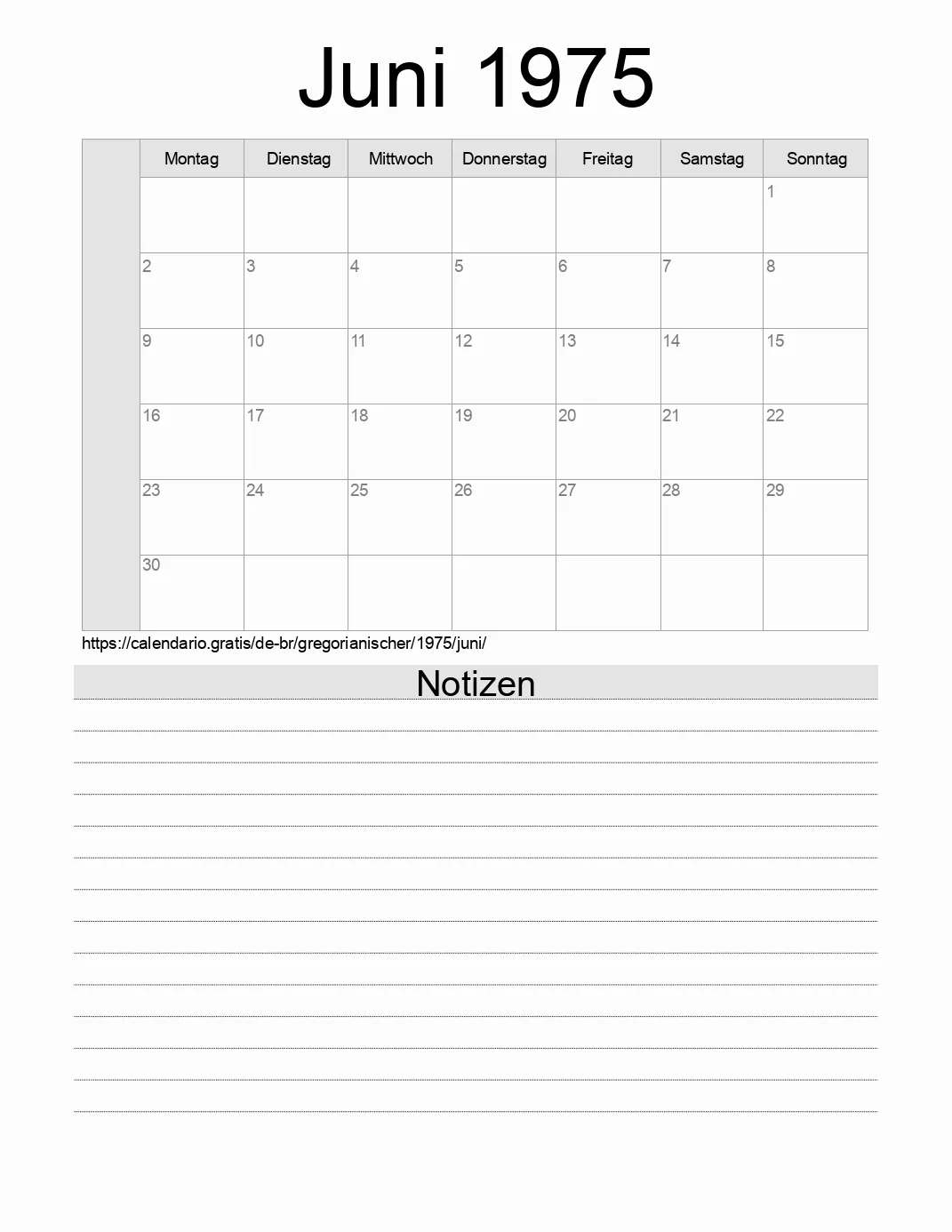 Kalender für Juni 1975 zum Drucken mit Notizen. (Brasilien)