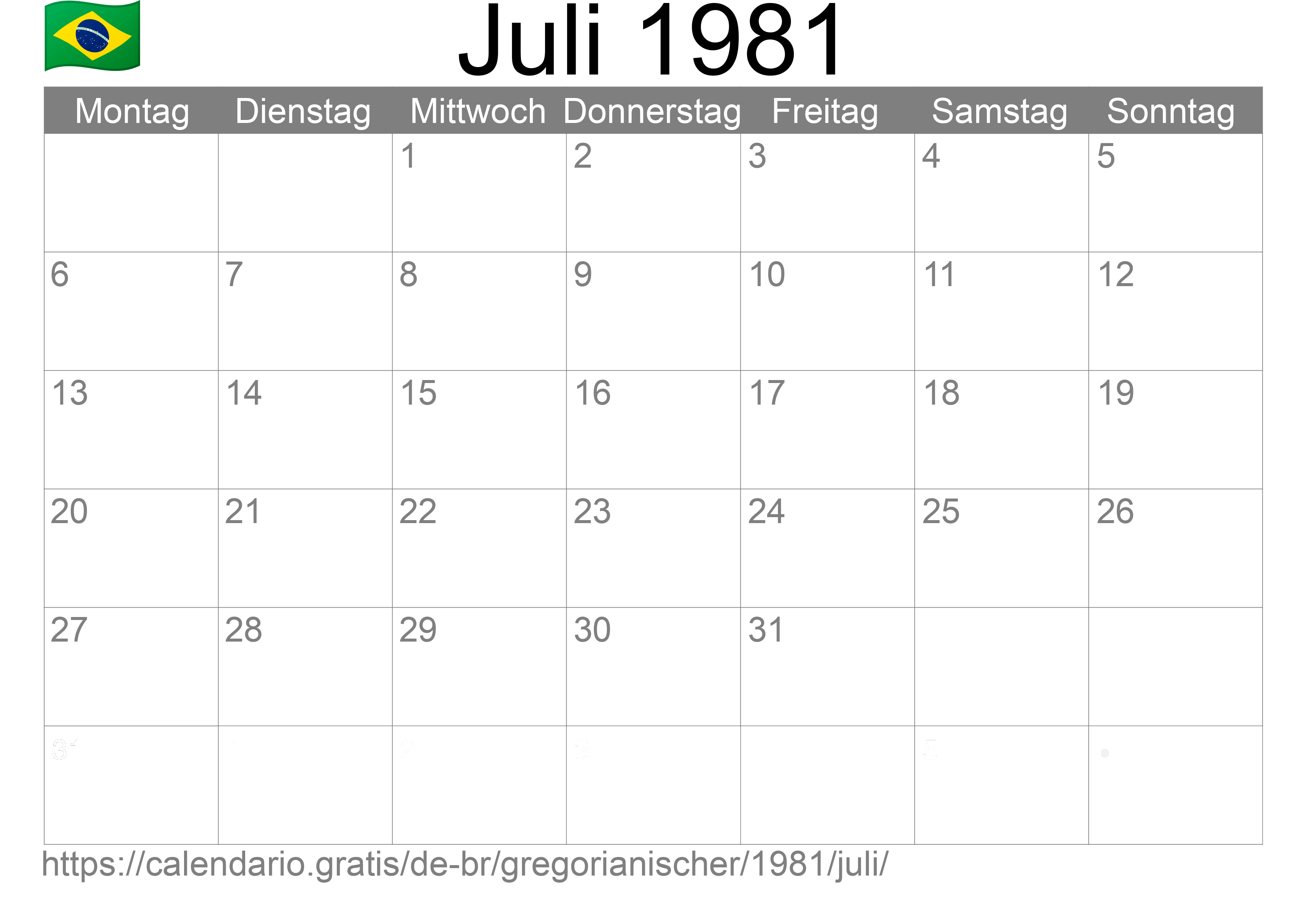 Kalender Juli 1981 zum Ausdrucken