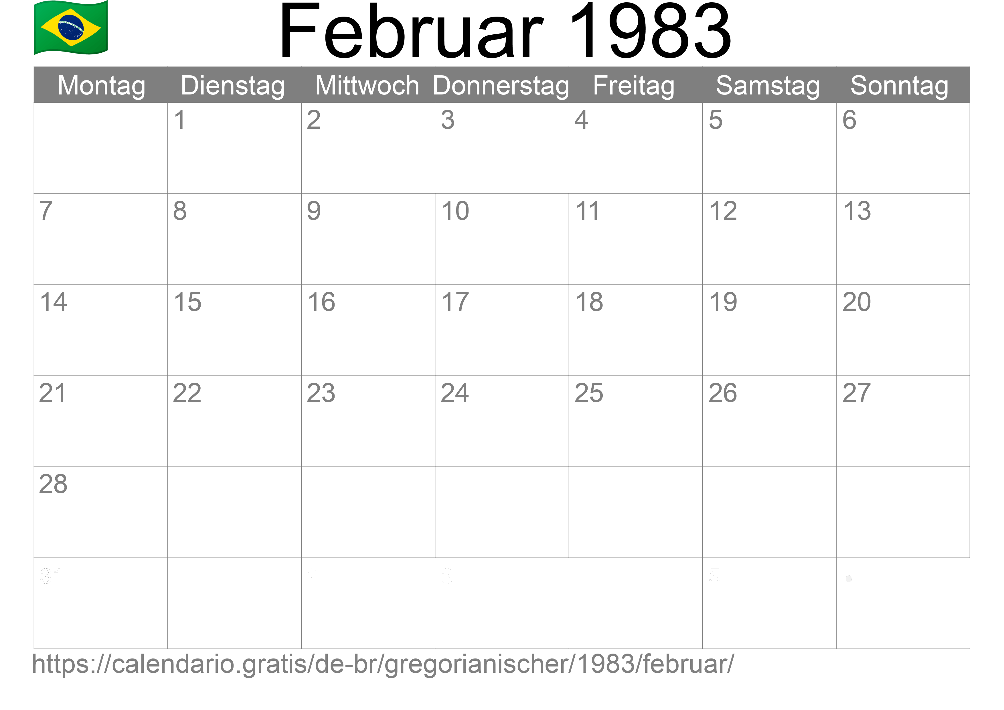 Kalender Februar 1983 zum Ausdrucken