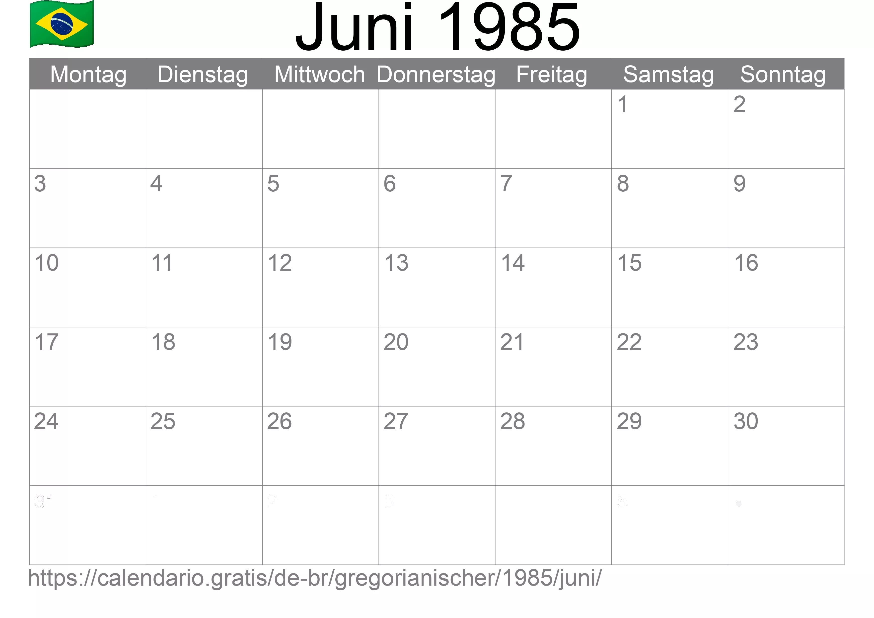 Kalender Juni 1985 zum Ausdrucken (Brasilien)