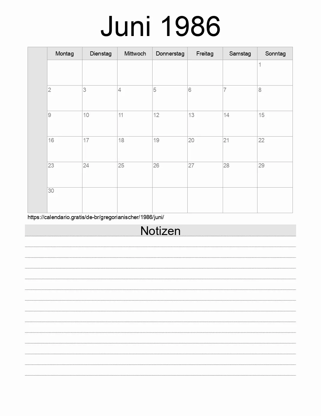 Kalender für Juni 1986 zum Drucken mit Notizen. (Brasilien)