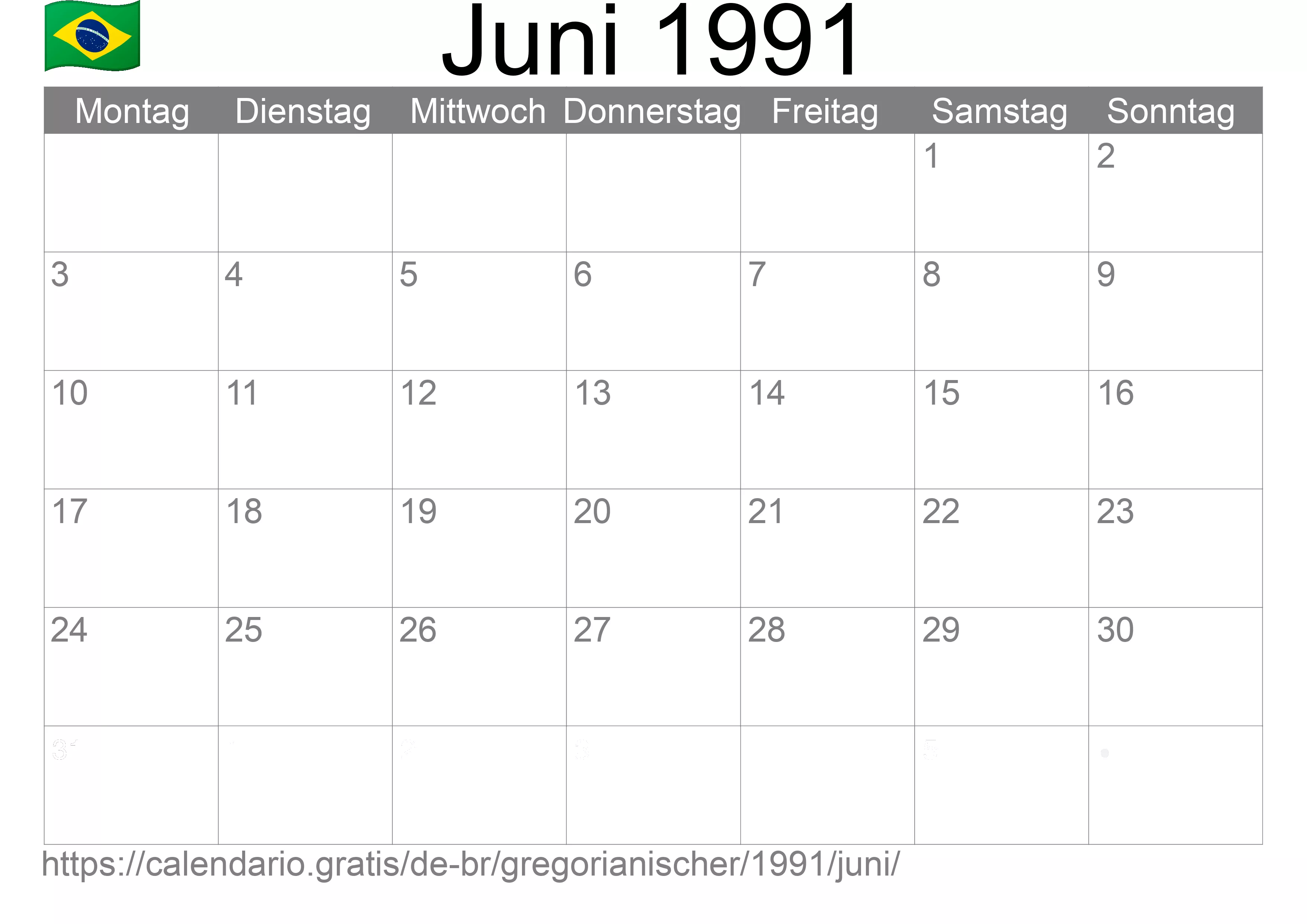 Kalender Juni 1991 zum Ausdrucken (Brasilien)