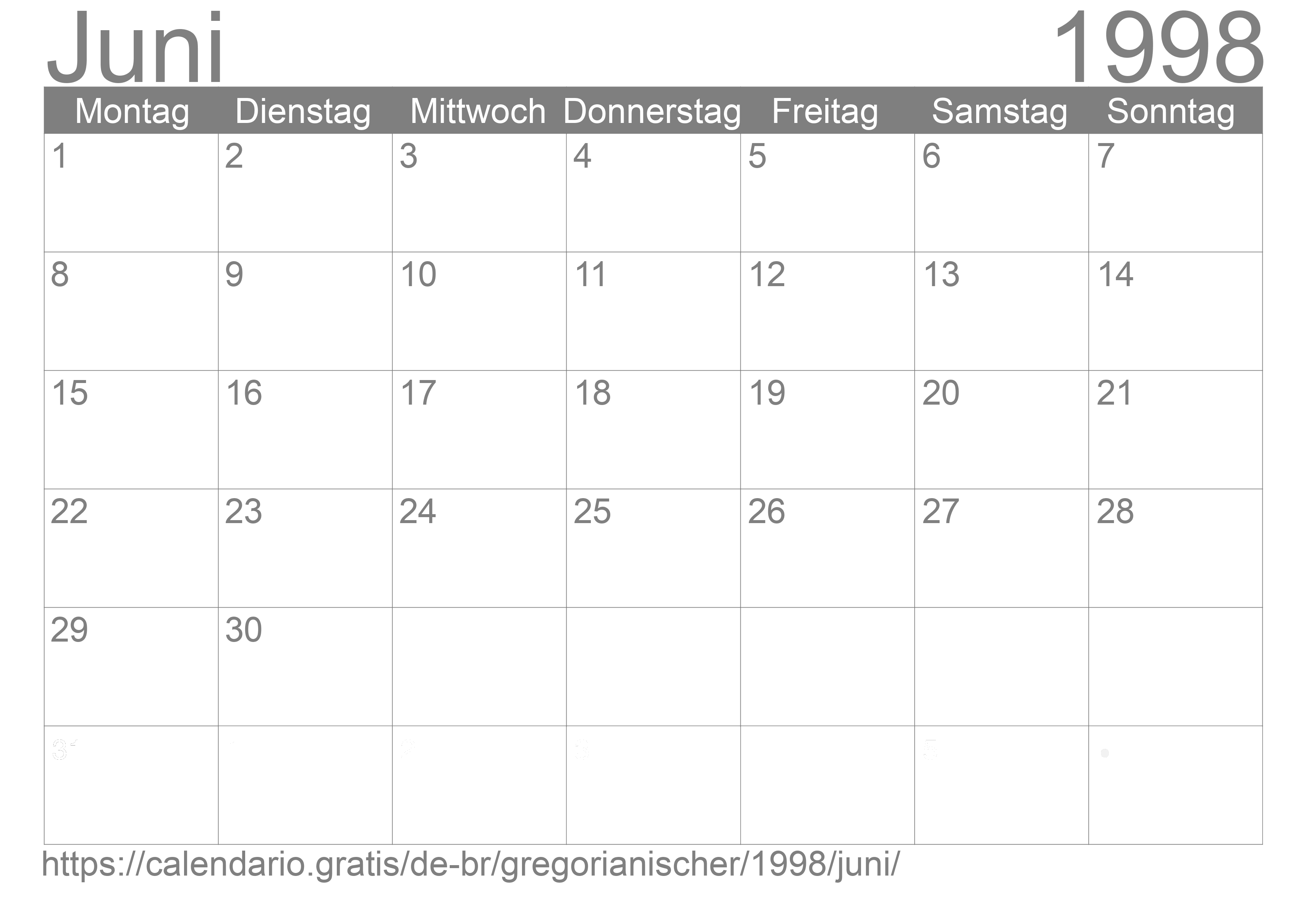 Kalender Juni 1998 zum Ausdrucken