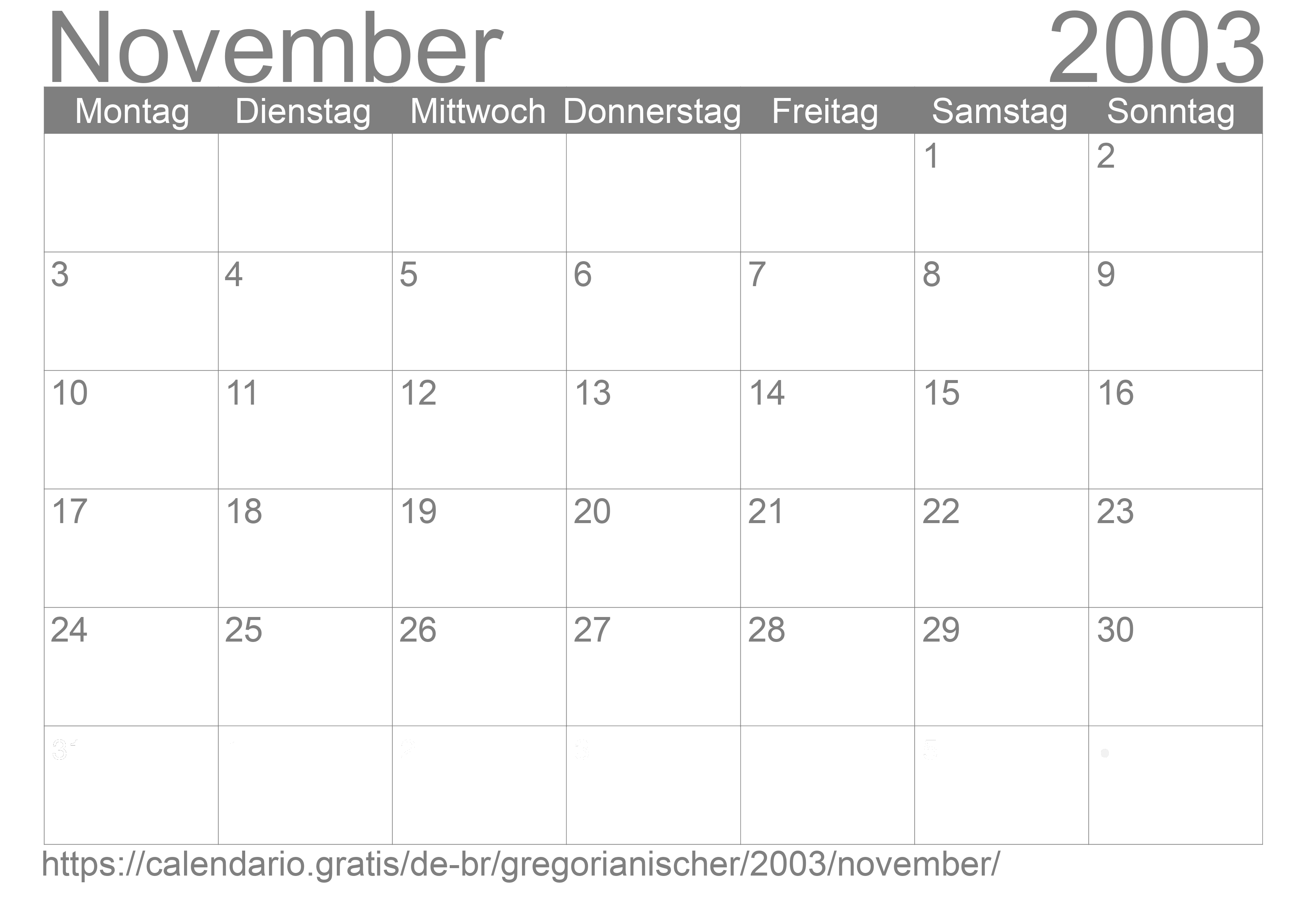Kalender November 2003 zum Ausdrucken