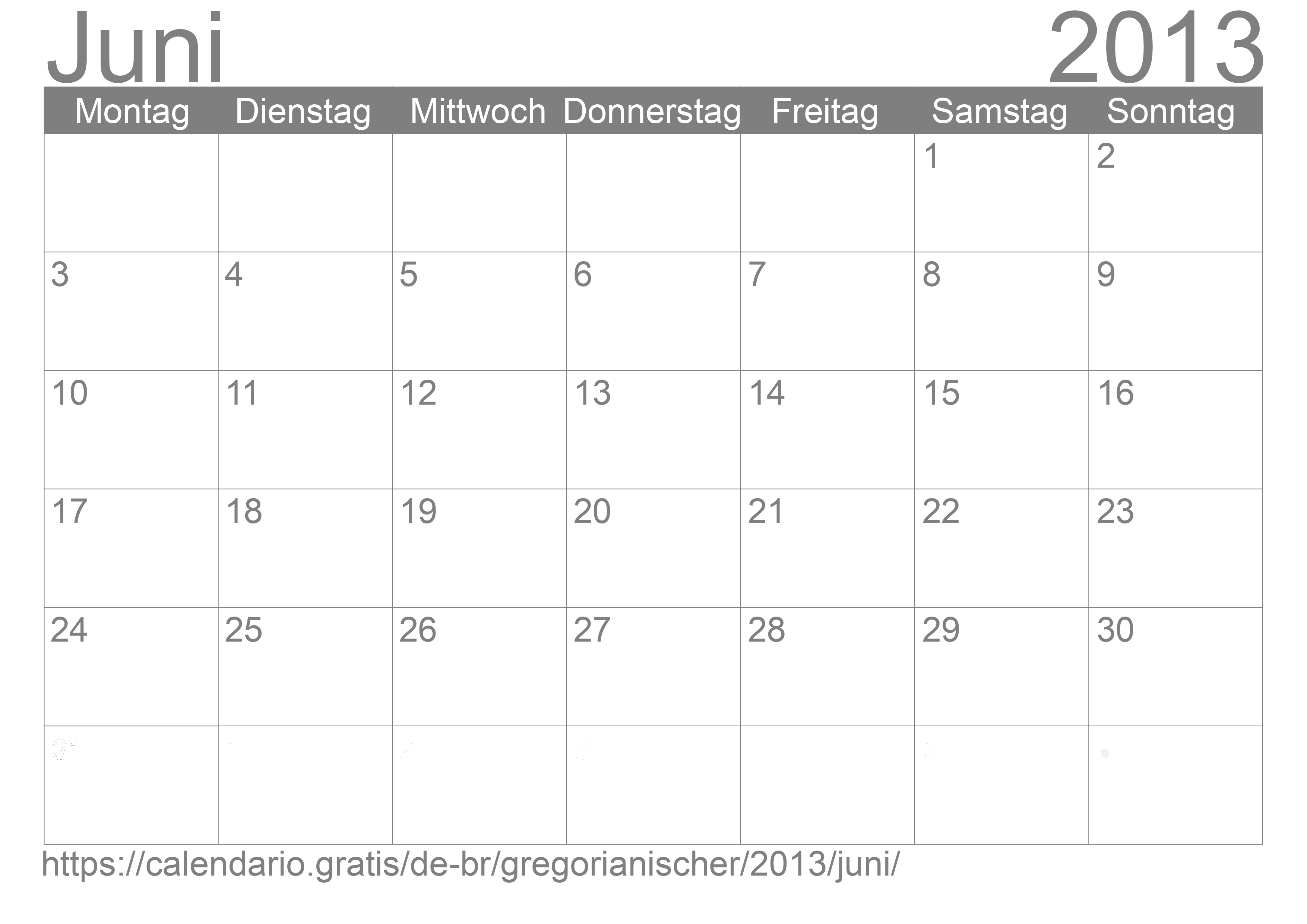 Kalender Juni 2013 zum Ausdrucken