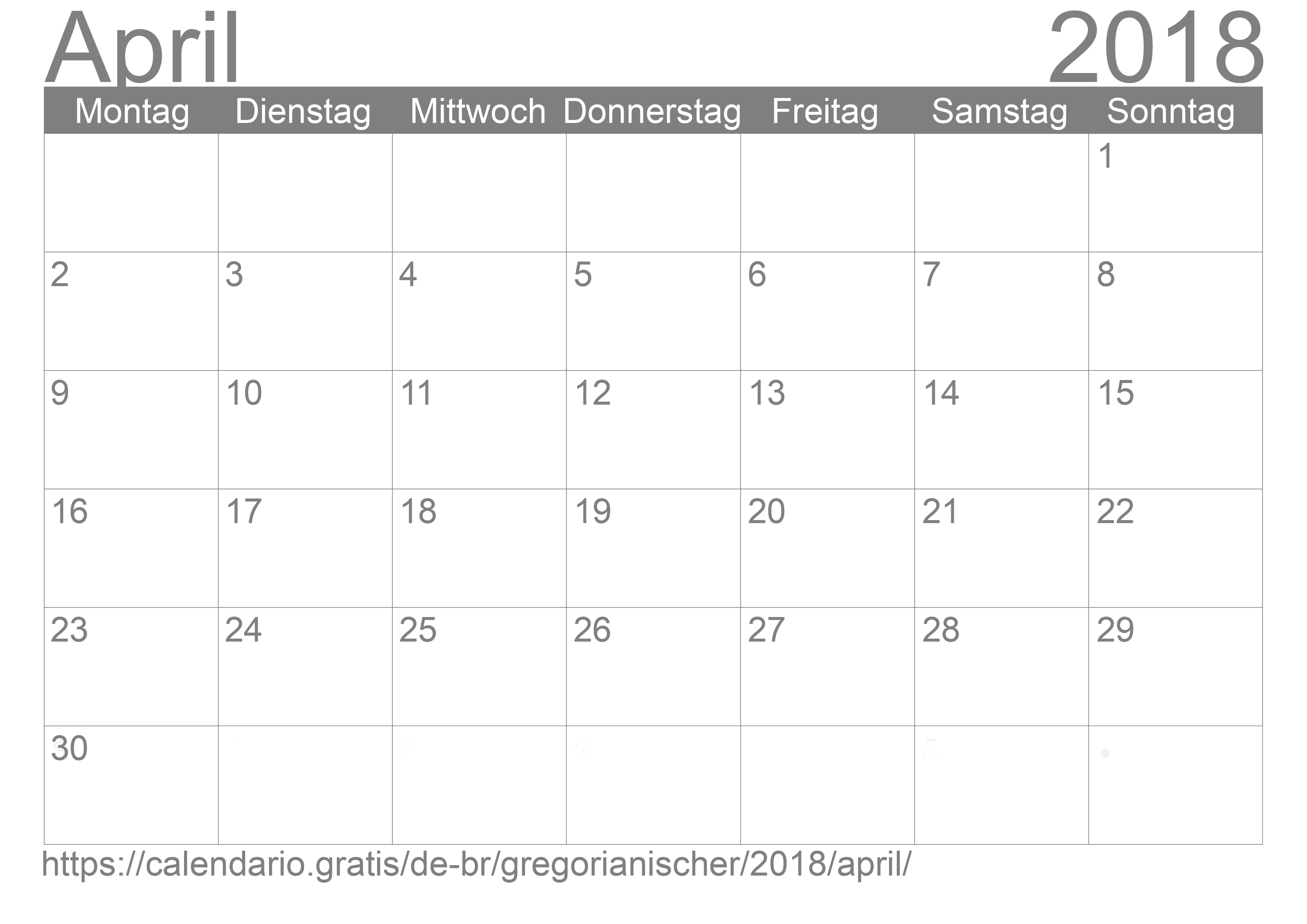 Kalender April 2018 zum Ausdrucken