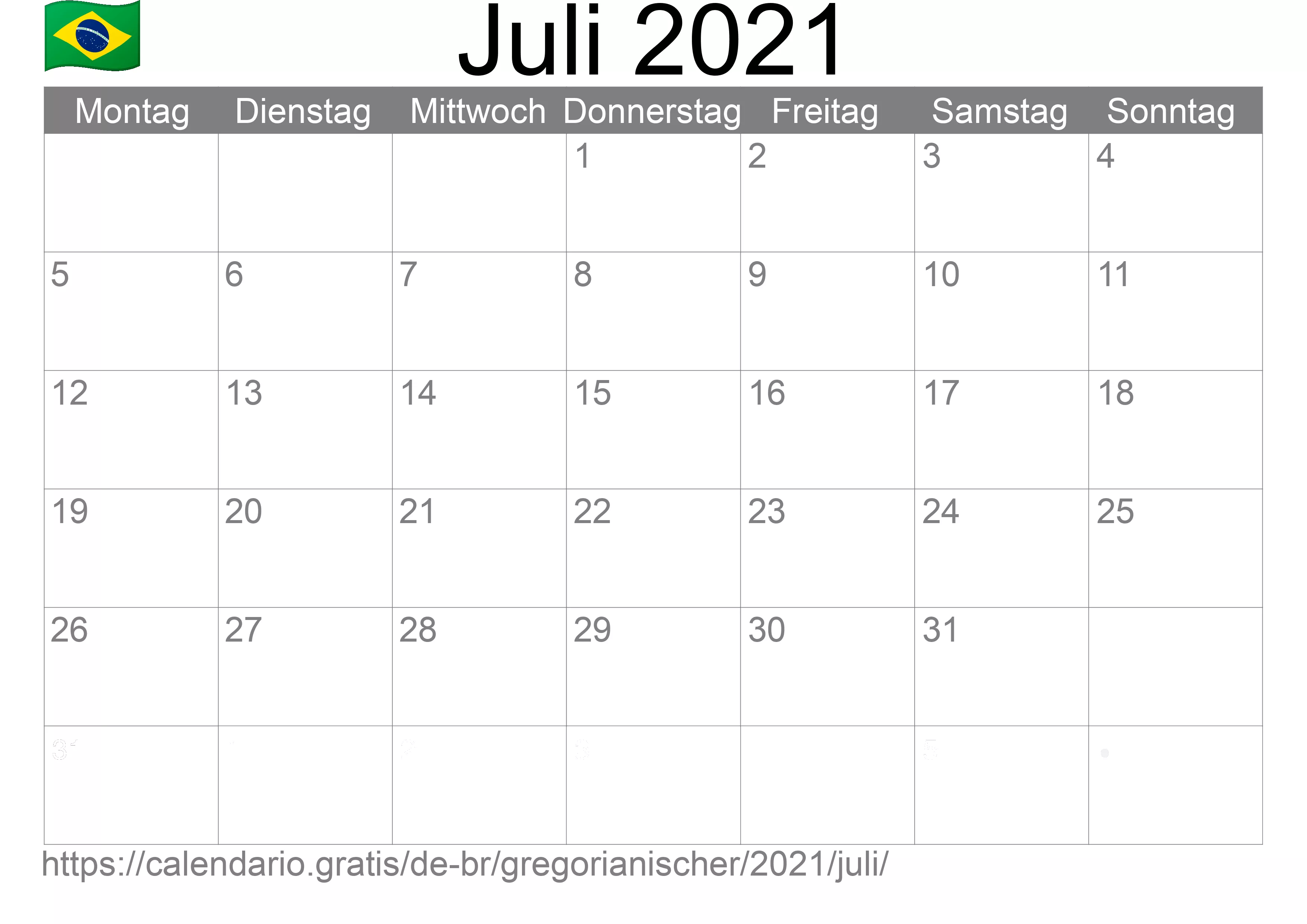 Kalender Juli 2021 zum Ausdrucken (Brasilien)
