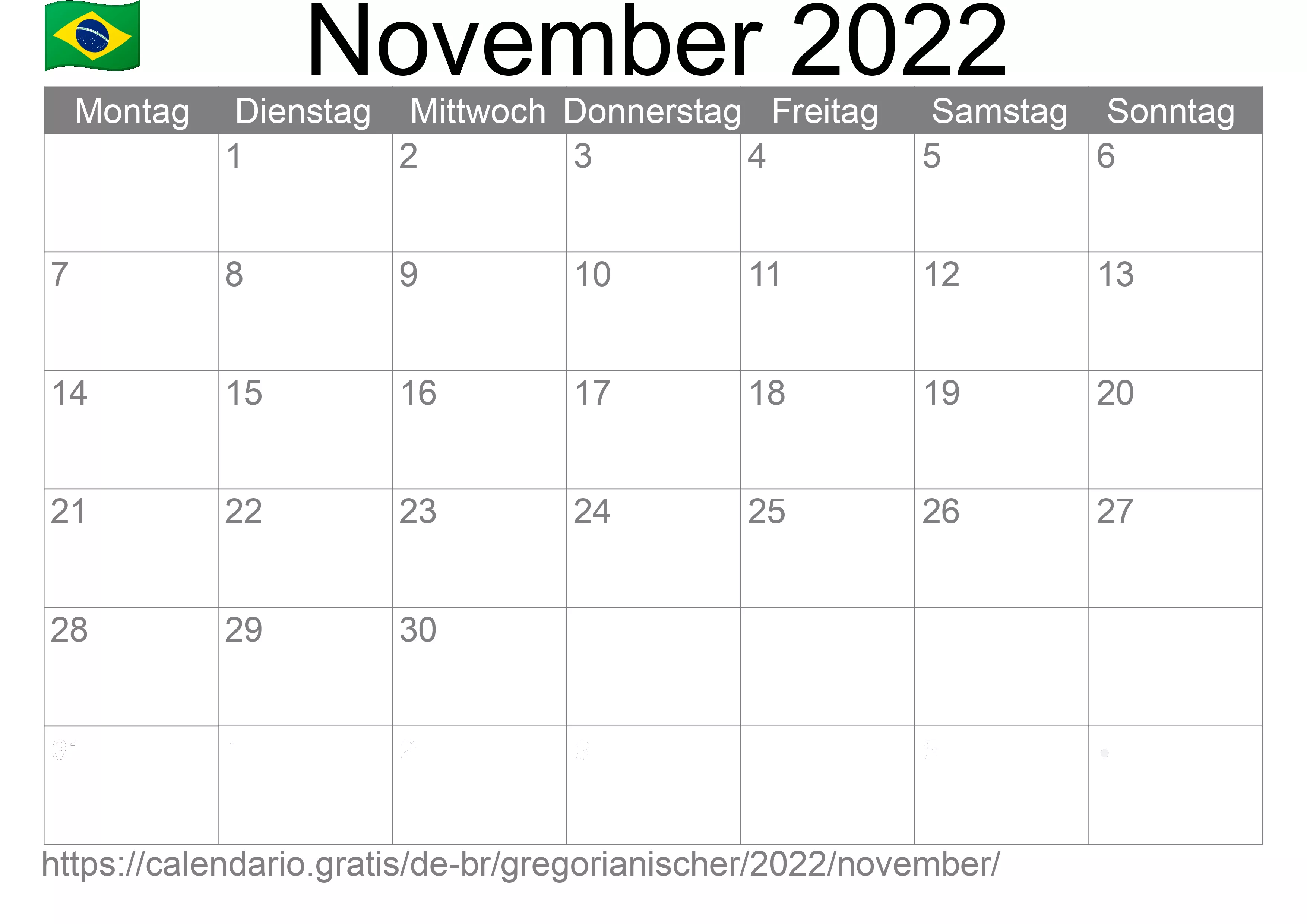 Kalender November 2022 zum Ausdrucken (Brasilien) Kalender November 2022 zum Ausdrucken (Brasilien)