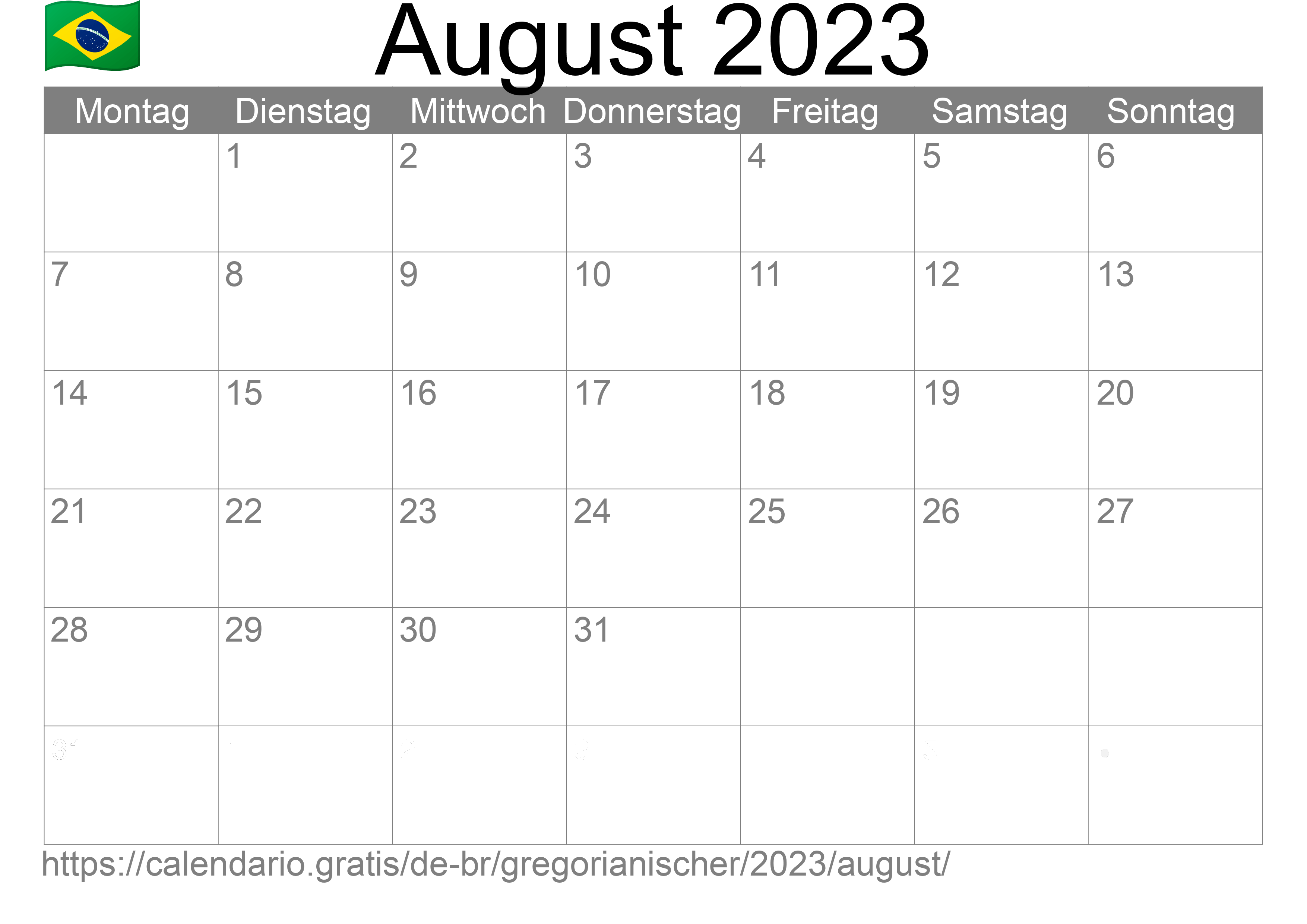 Kalender August 2023 zum Ausdrucken