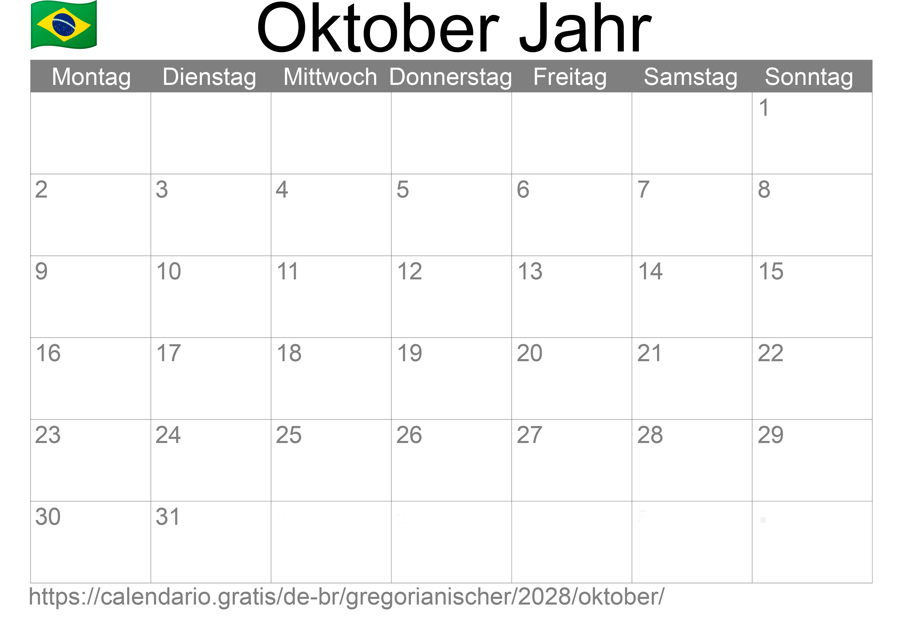 Kalender Oktober 2028 zum Ausdrucken