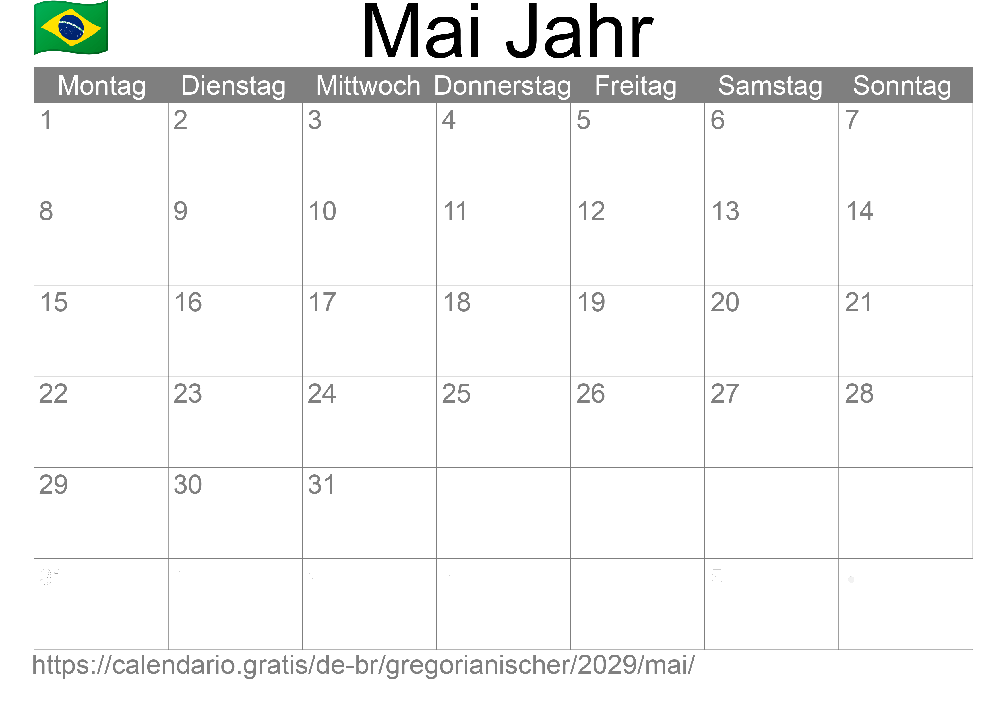 Kalender Mai 2029 zum Ausdrucken