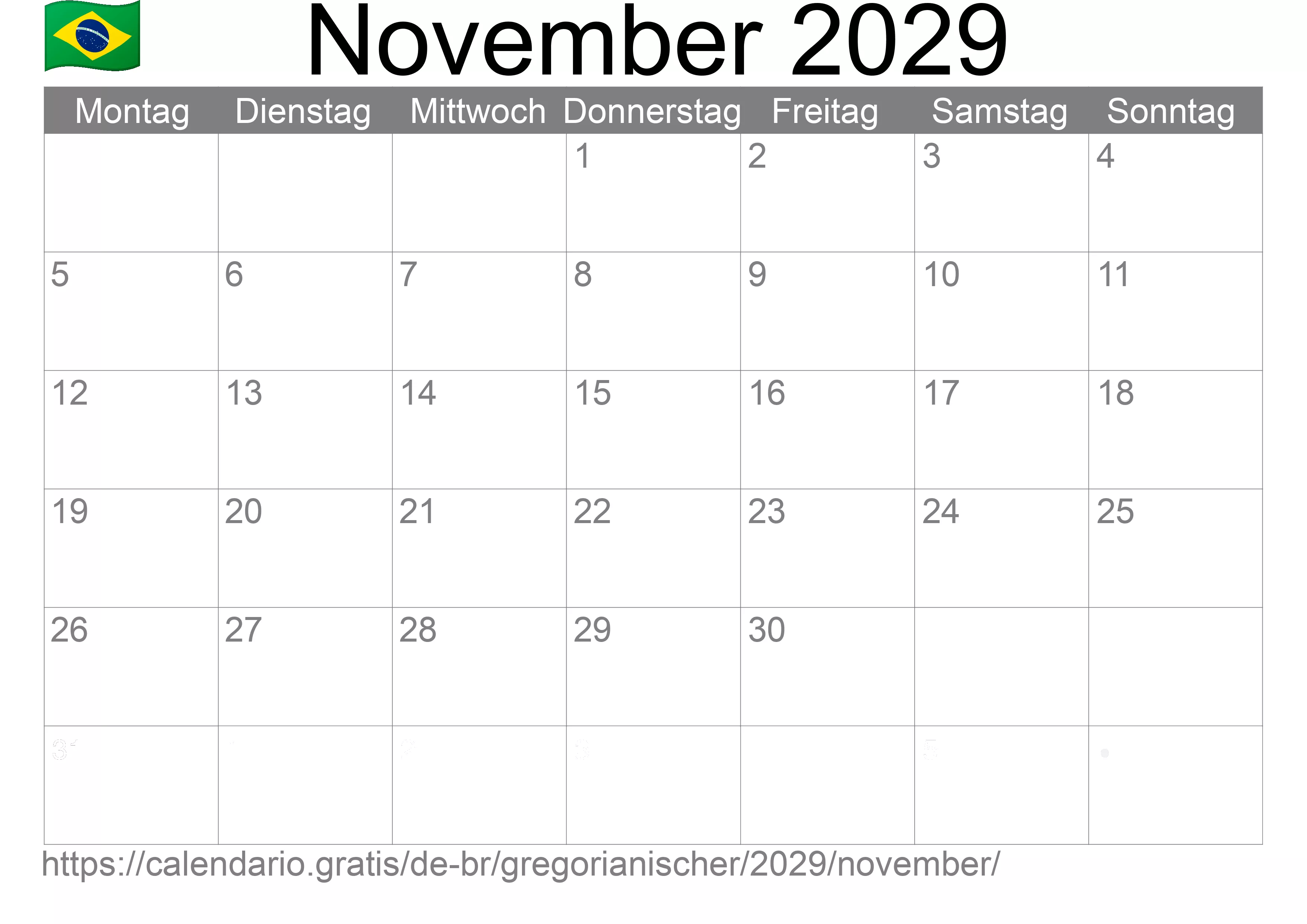 Kalender November 2029 zum Ausdrucken (Brasilien) Kalender November 2029 zum Ausdrucken (Brasilien)