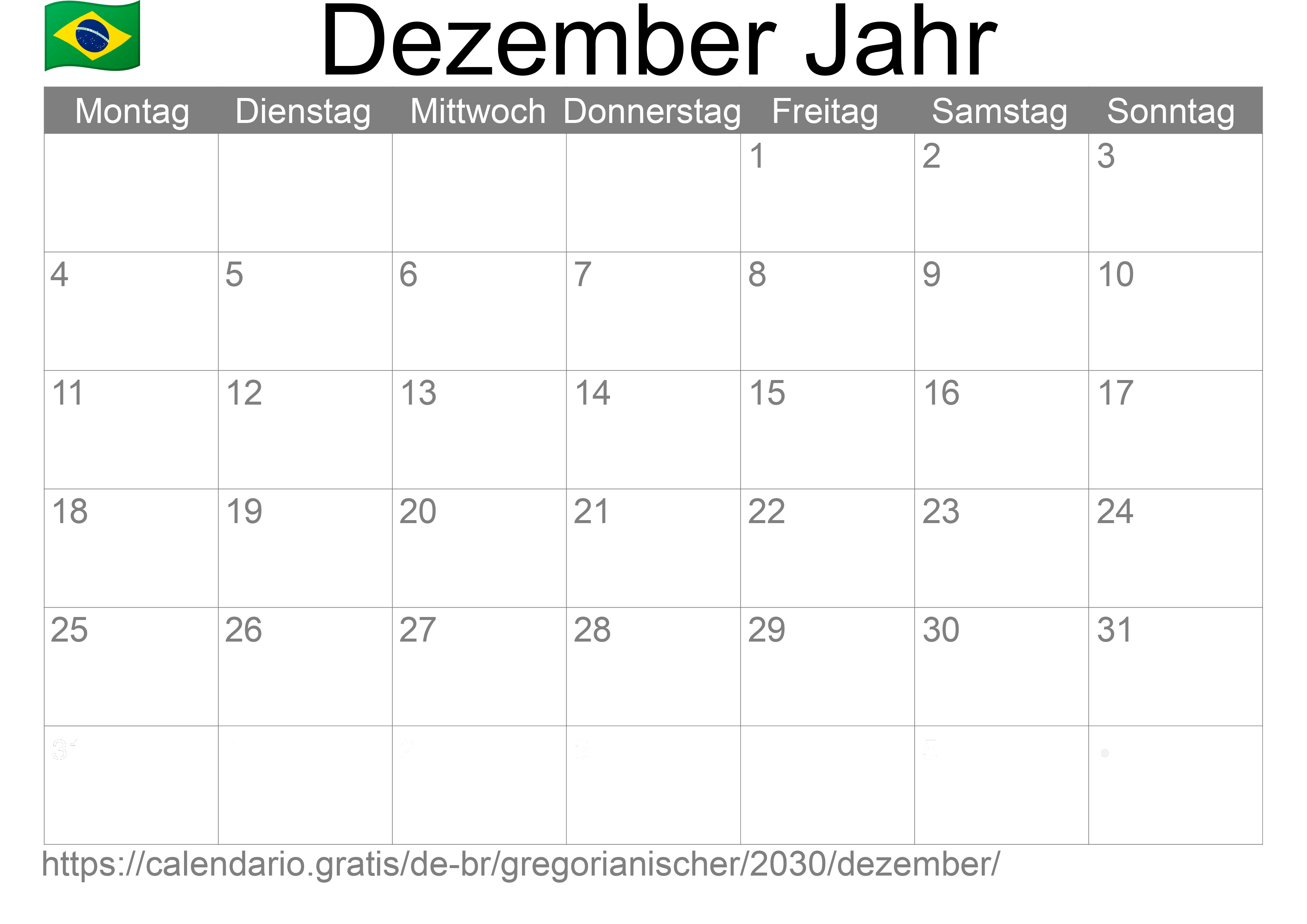 Kalender Dezember 2030 zum Ausdrucken