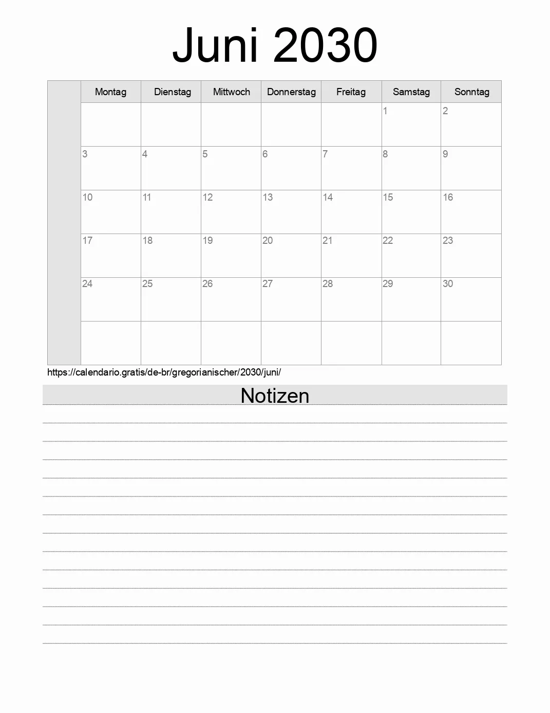 Kalender für Juni 2030 zum Drucken mit Notizen. (Brasilien) Kalender für Juni 2030 zum Drucken mit Notizen. (Brasilien)