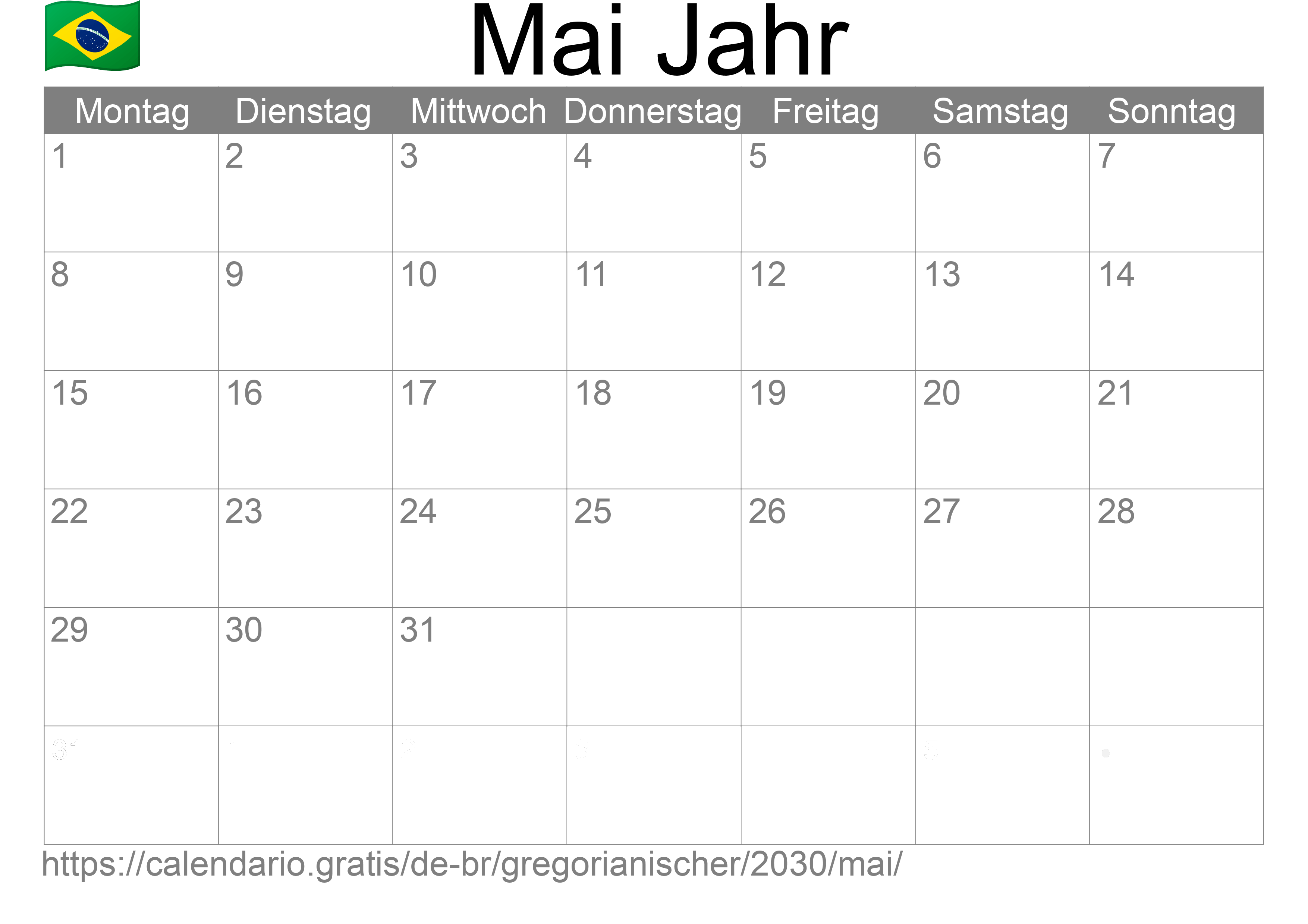 Kalender Mai 2030 zum Ausdrucken