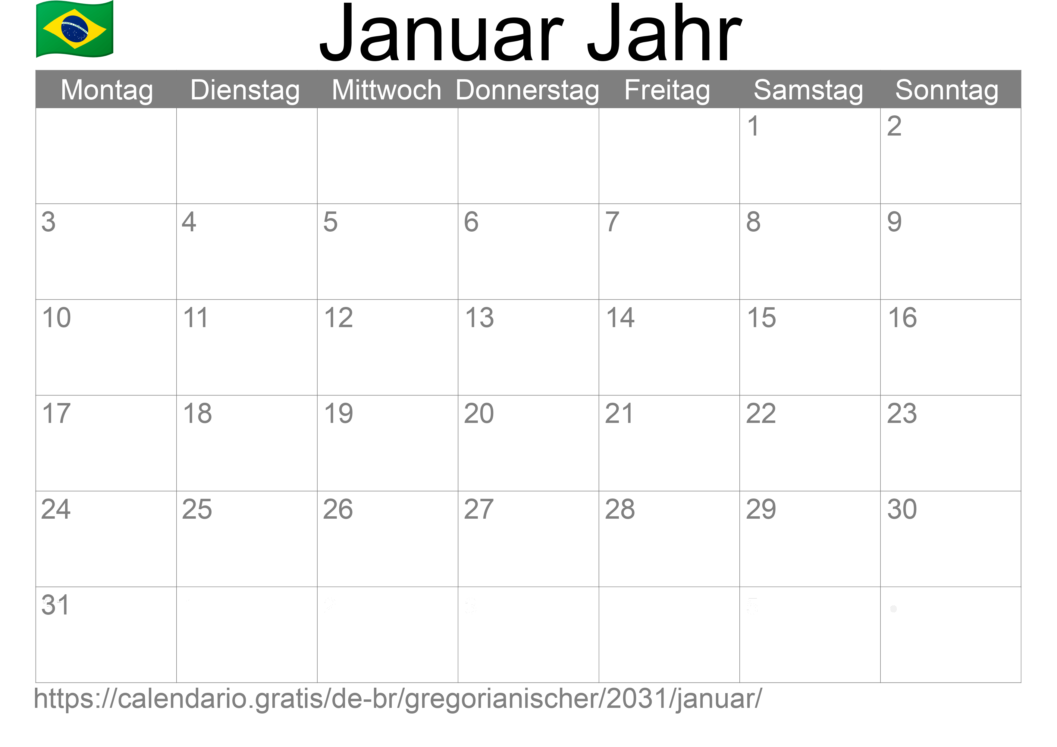 Kalender Januar 2031 zum Ausdrucken