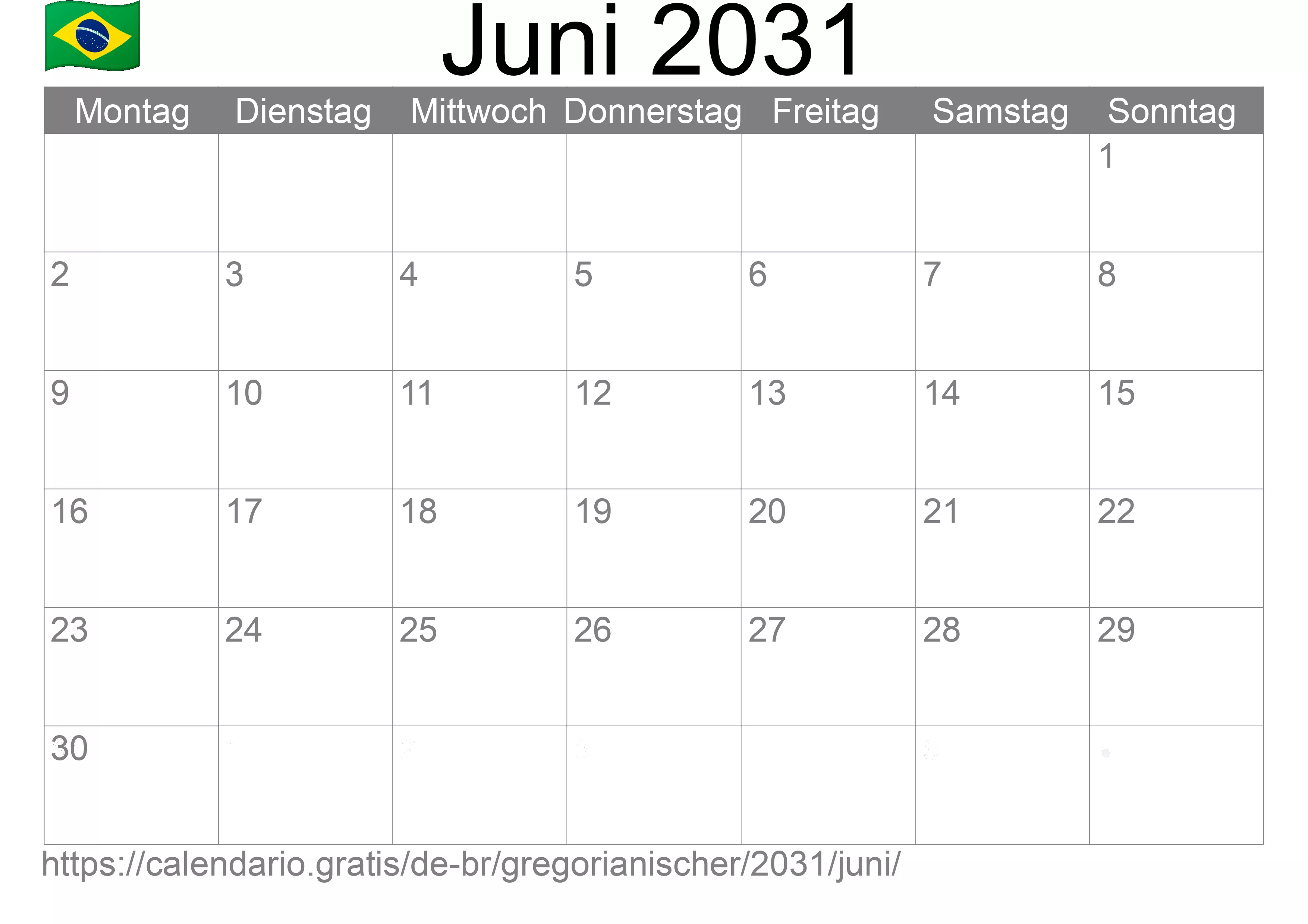 Kalender Juni 2031 zum Ausdrucken (Brasilien)