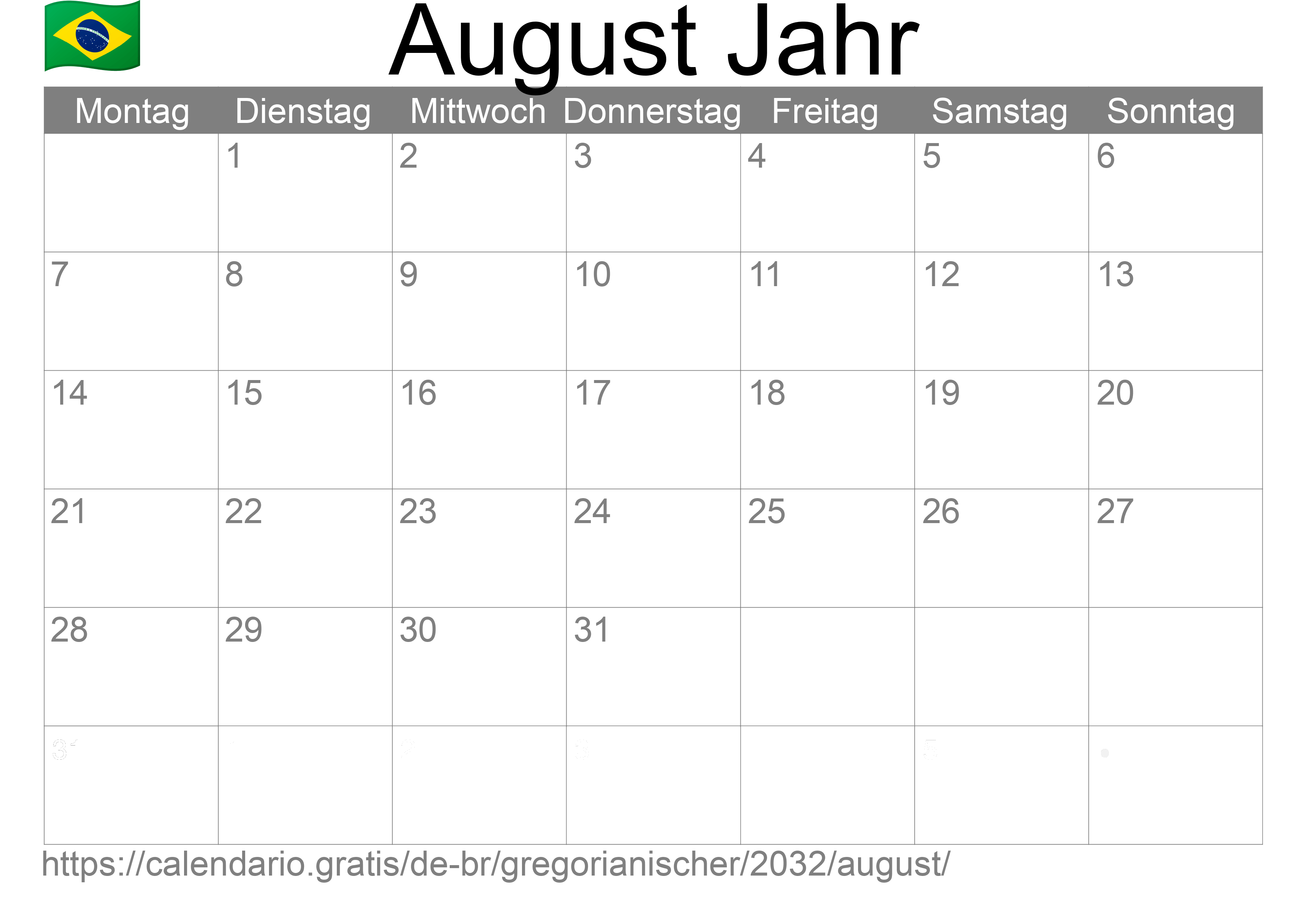 Kalender August 2032 zum Ausdrucken