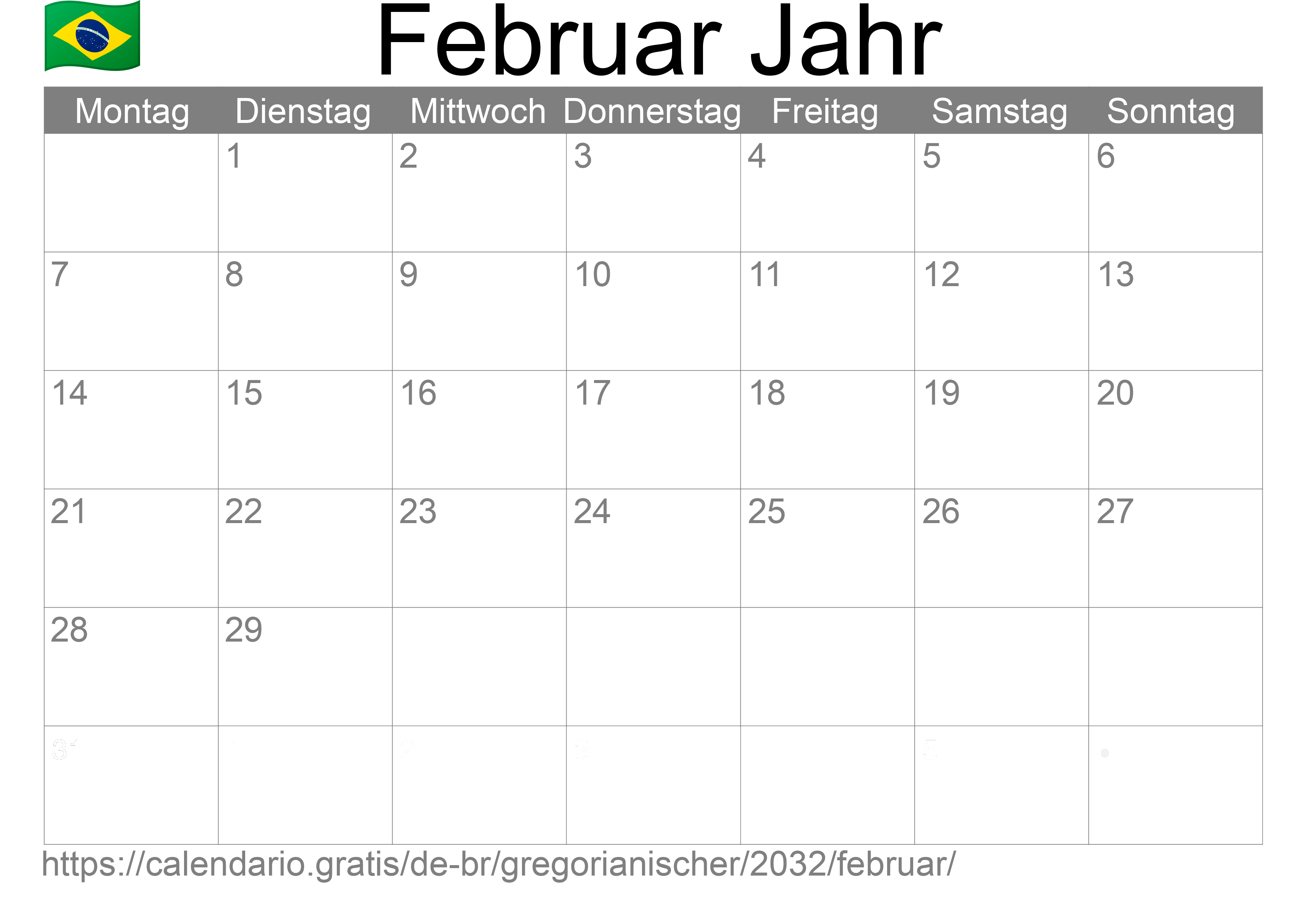 Kalender Februar 2032 zum Ausdrucken