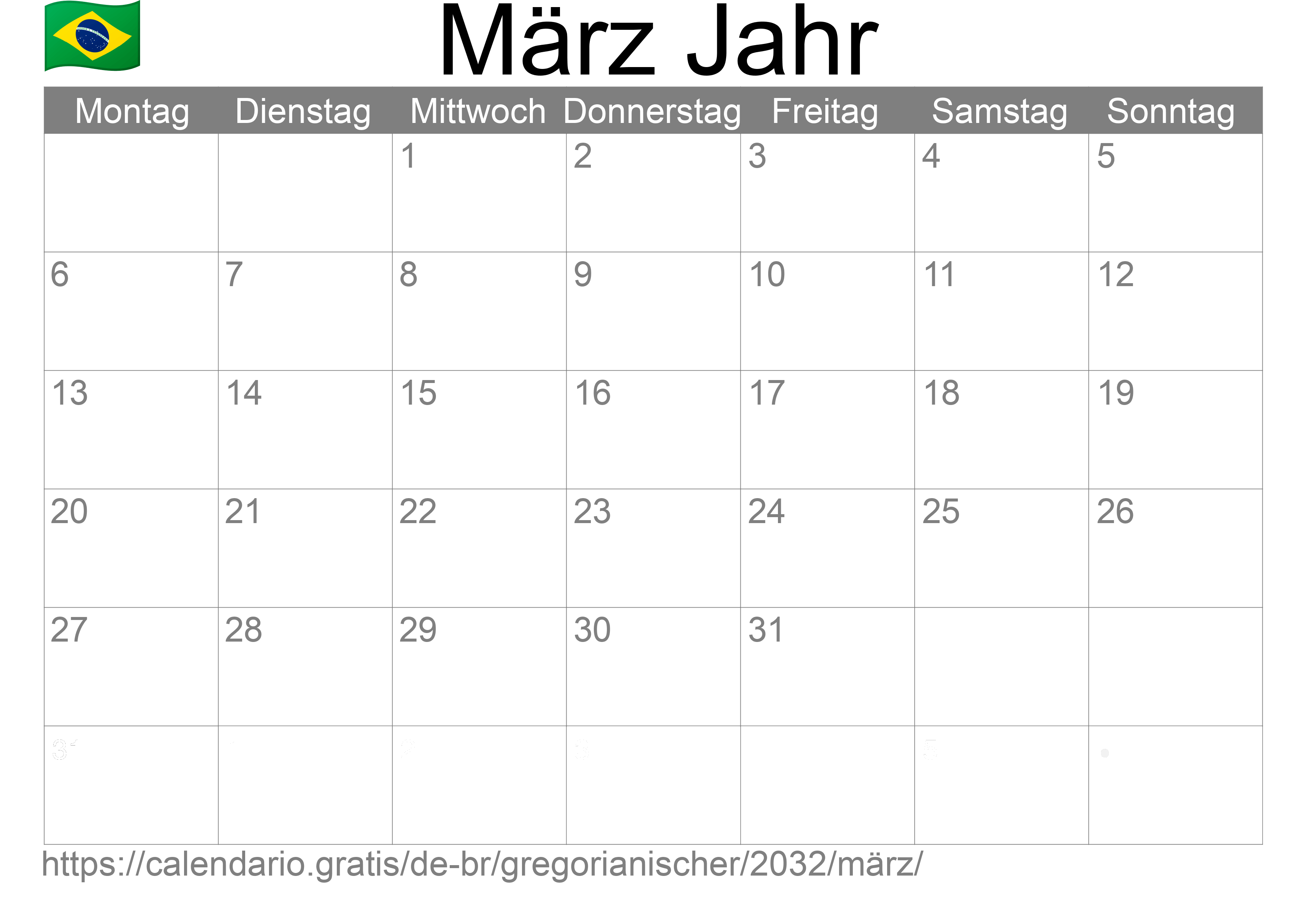 Kalender März 2032 zum Ausdrucken